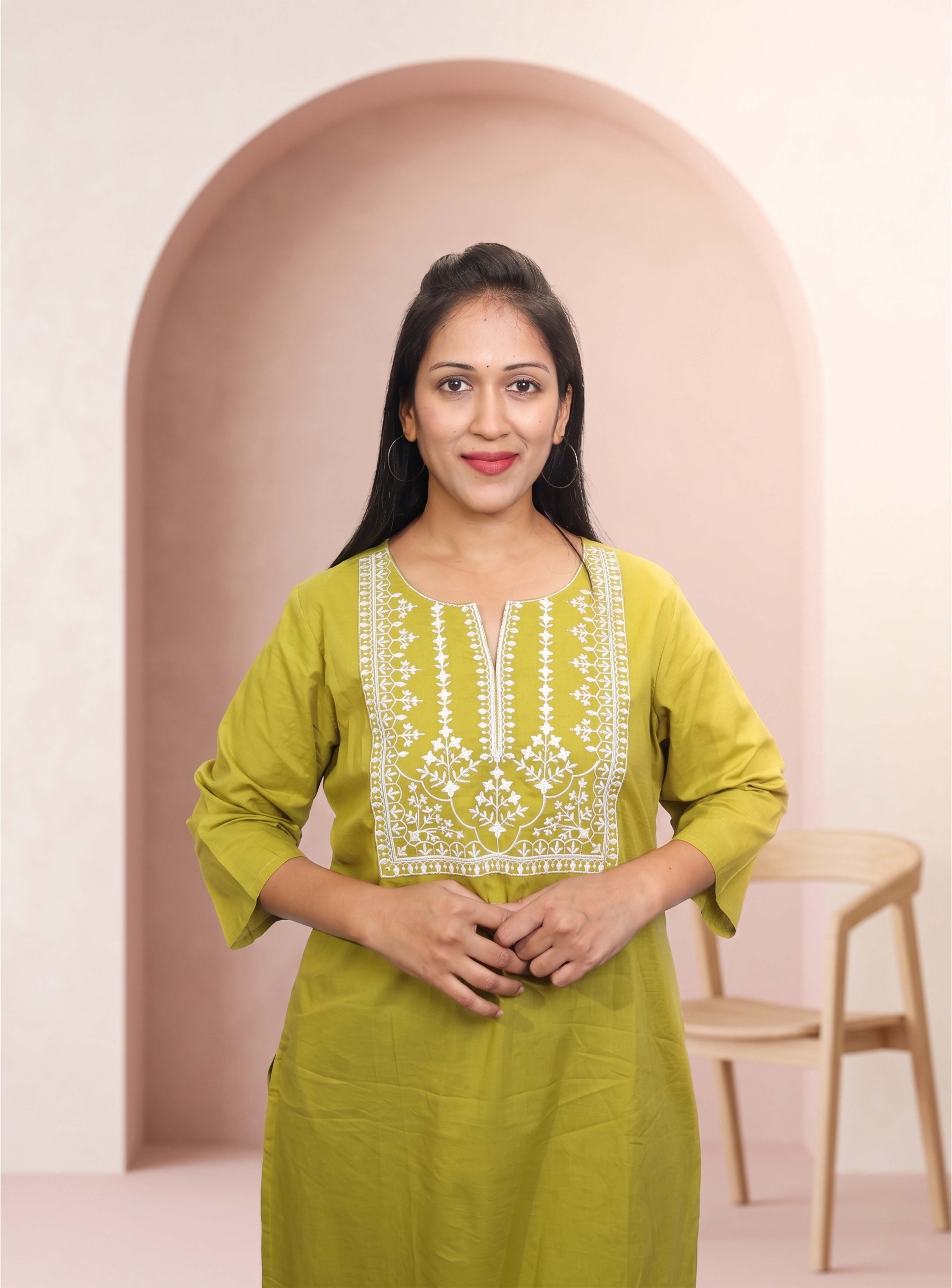 Green thread embroidery cotton straight kurti