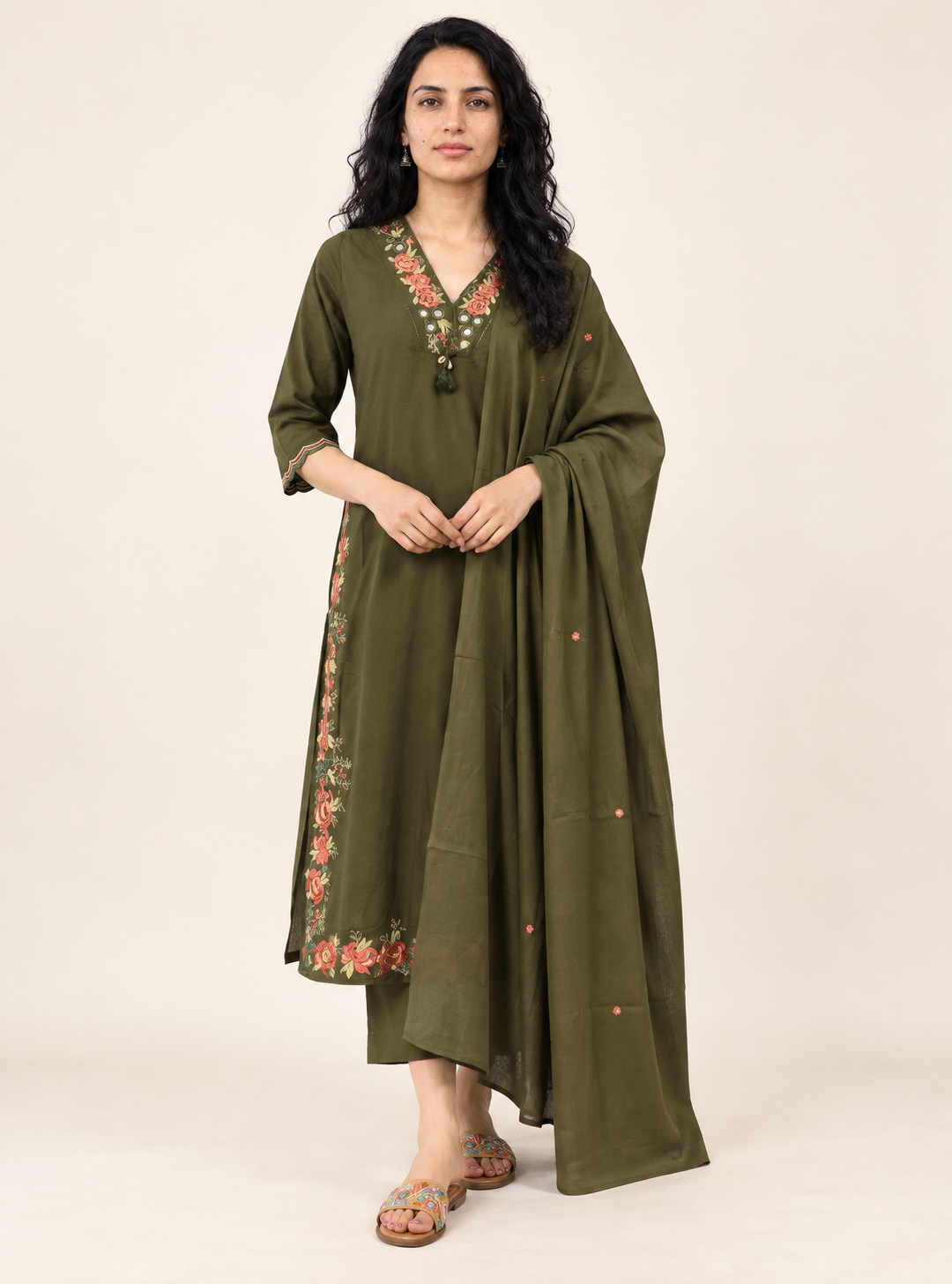 Henna Mosaic Mehandi Mul Cotton Embroidered Straight Suit Set with Dupatta
