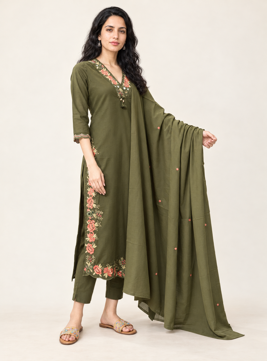 Henna Mosaic Mehandi Mul Cotton Embroidered Straight Suit Set with Dupatta