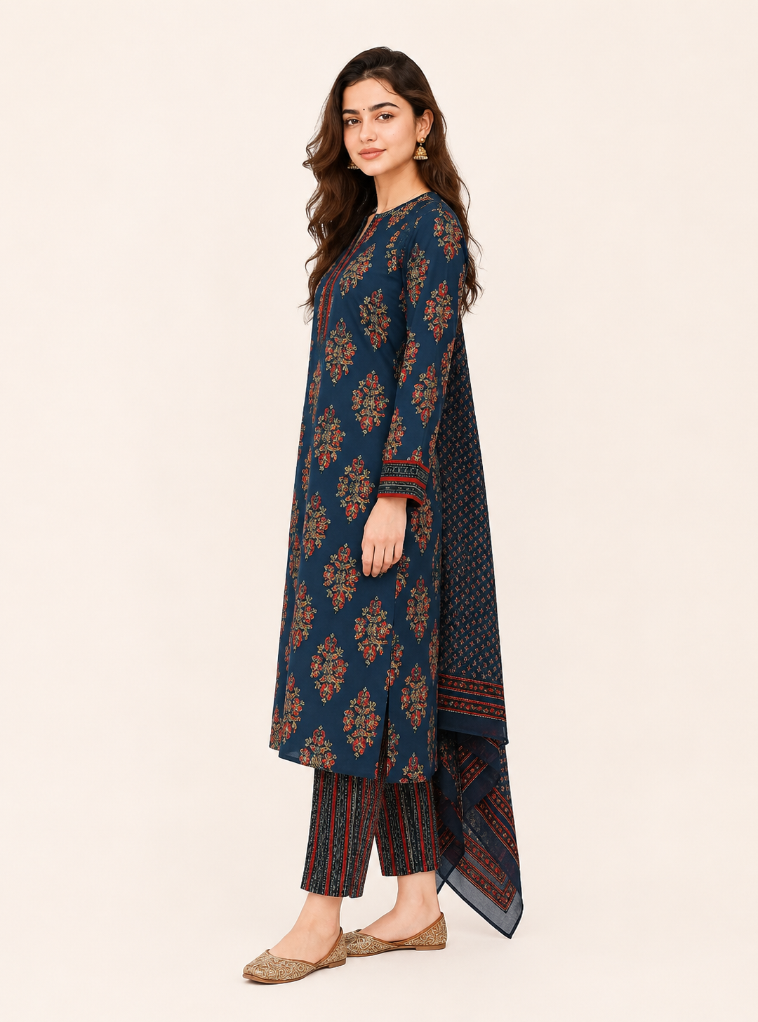 Indigo Heritage Cotton Printed Straight Suit Set with Dupatta