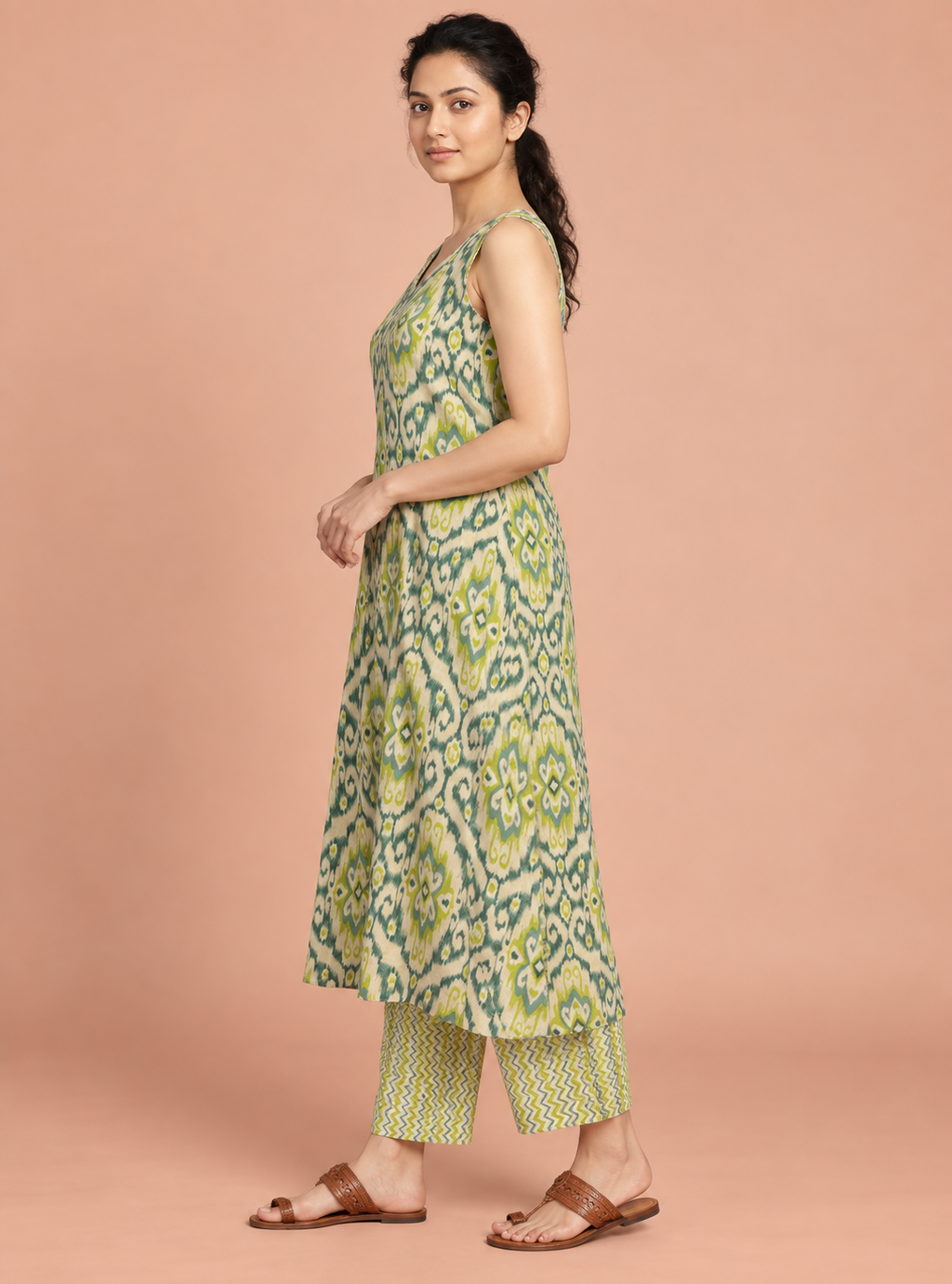 Ikkat Meadow Pista Green Pure Mul Cotton A-Line Co-Ord Set