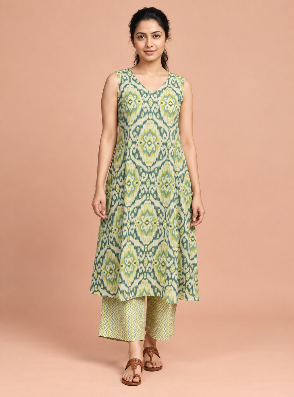 Ikkat Meadow Pista Green Pure Mul Cotton A-Line Co-Ord Set
