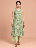 Ikkat Meadow Pista Green Pure Mul Cotton A-Line Co-Ord Set