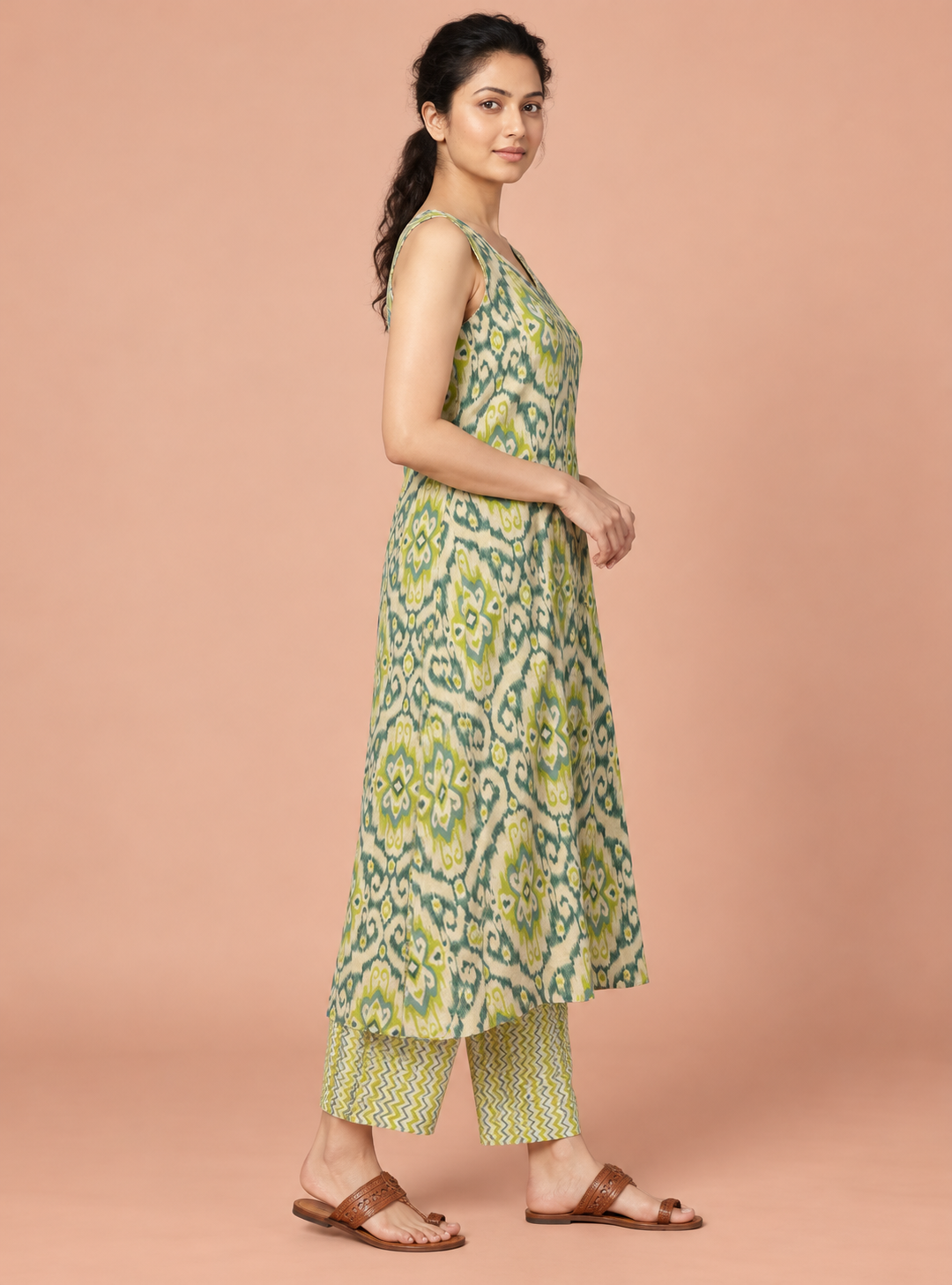Ikkat Meadow Pista Green Pure Mul Cotton A-Line Co-Ord Set