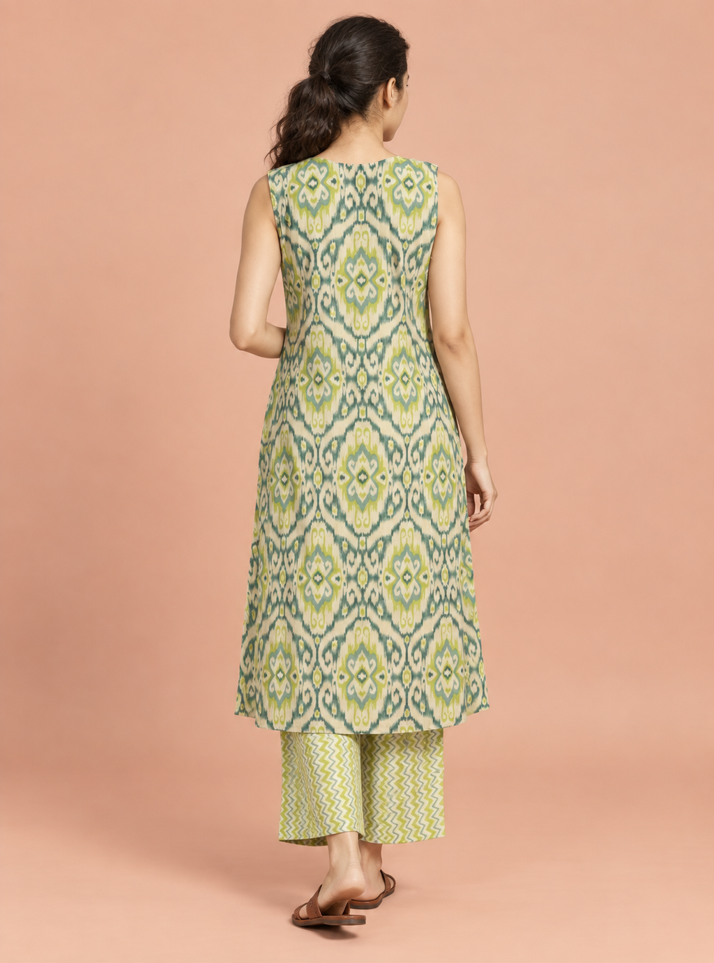 Ikkat Meadow Pista Green Pure Mul Cotton A-Line Co-Ord Set