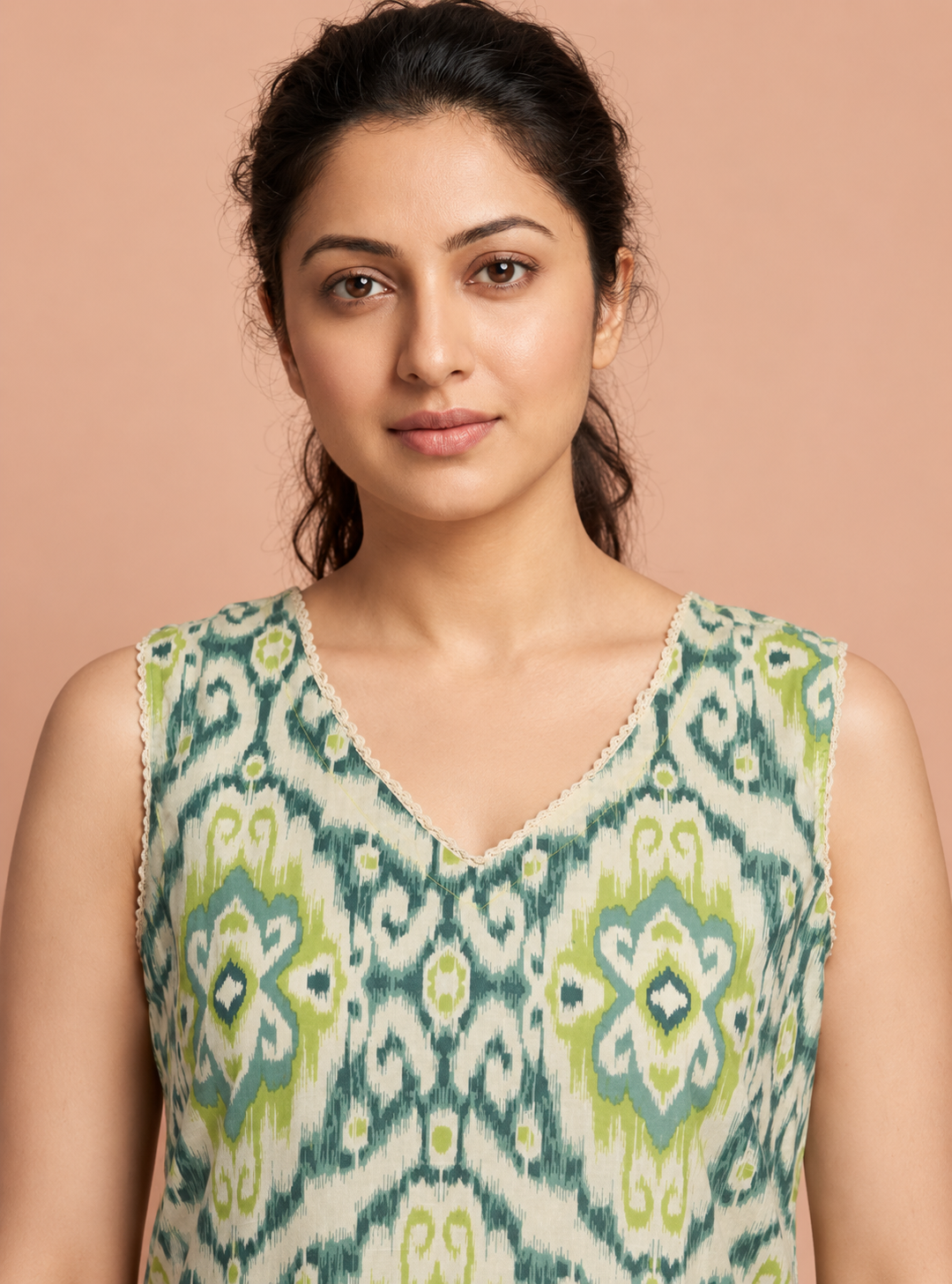 Ikkat Meadow Pista Green Pure Mul Cotton A-Line Co-Ord Set