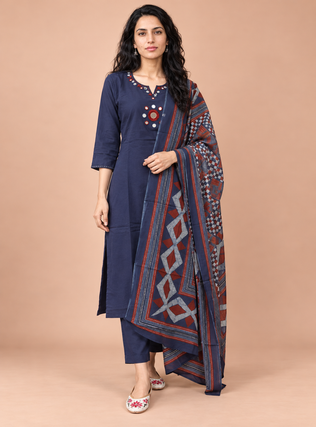 Indigo Earth Natural Dye Pure Cotton Handworked Suit Set with Dupatta