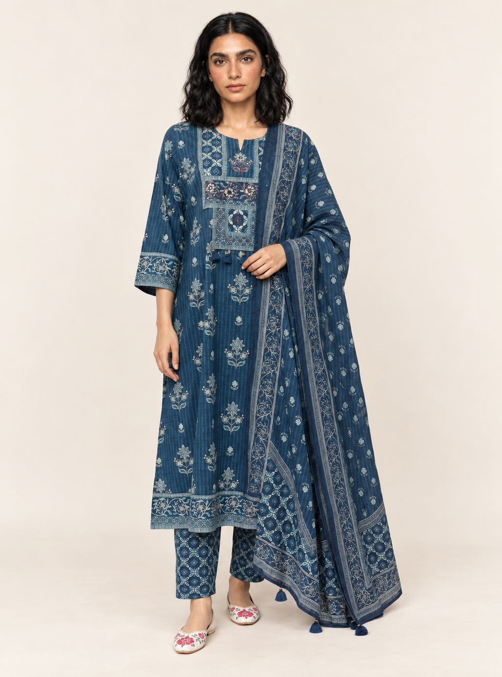 Indigo Iris Indigo Hand Block Cotton Straight Suit Set with Dupatta – Indieshades