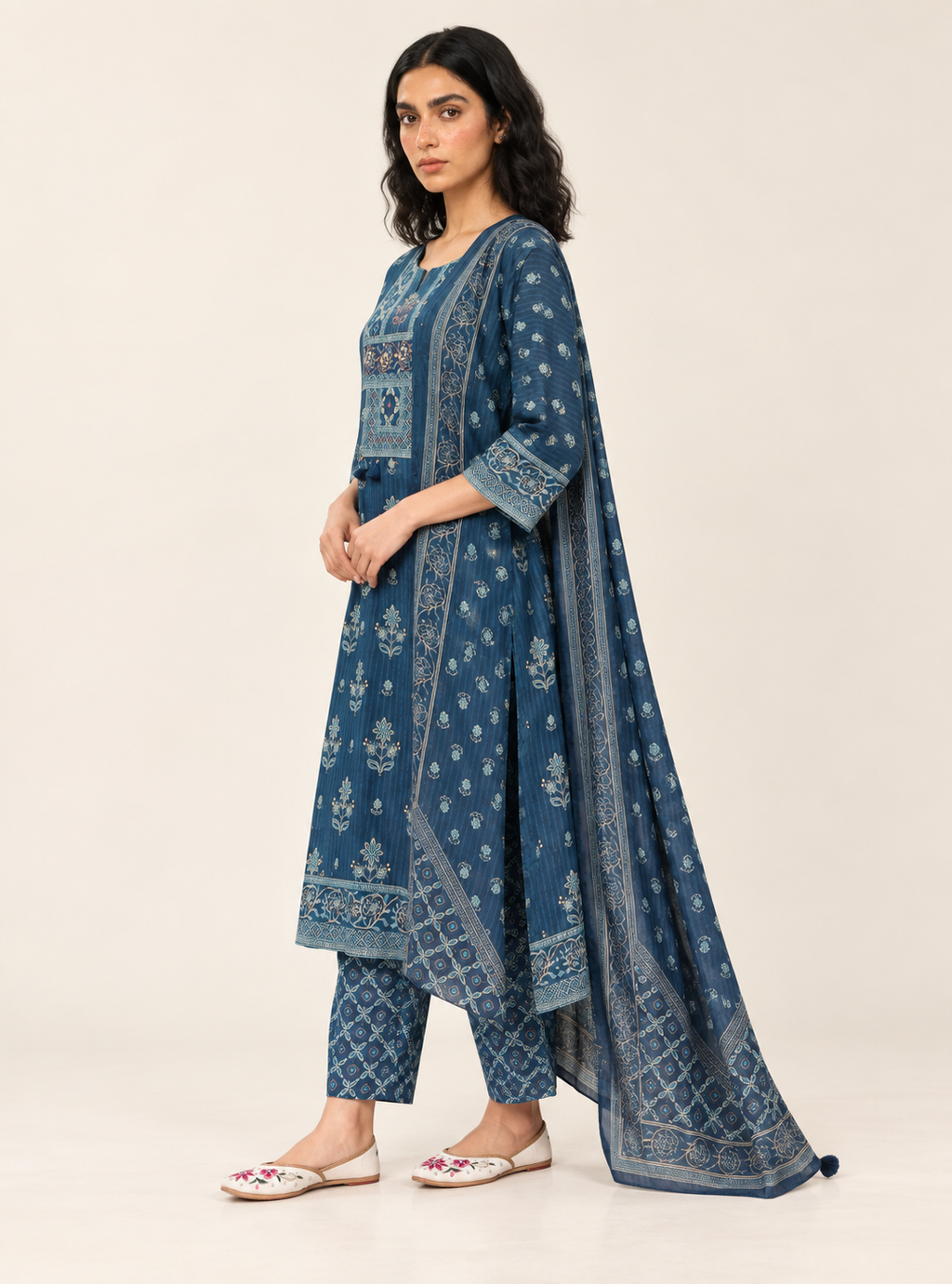 Indigo Iris Indigo Hand Block Cotton Straight Suit Set with Dupatta – Indieshades