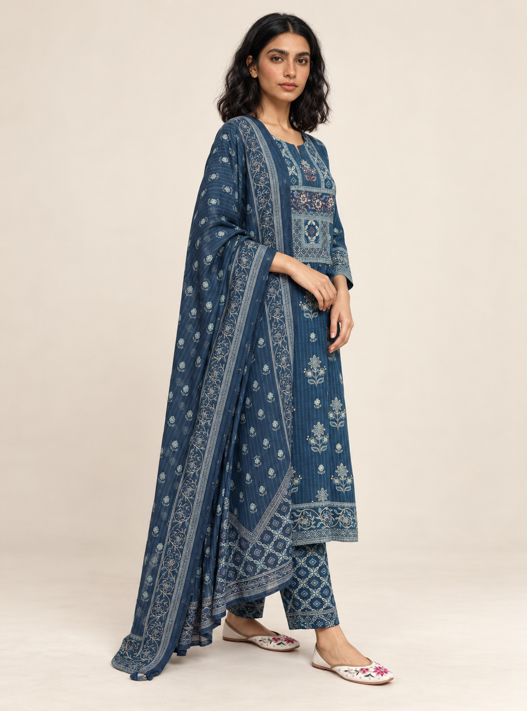 Indigo Iris Indigo Hand Block Cotton Straight Suit Set with Dupatta – Indieshades