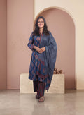 Indigo cotton printed straight full set with dupatta