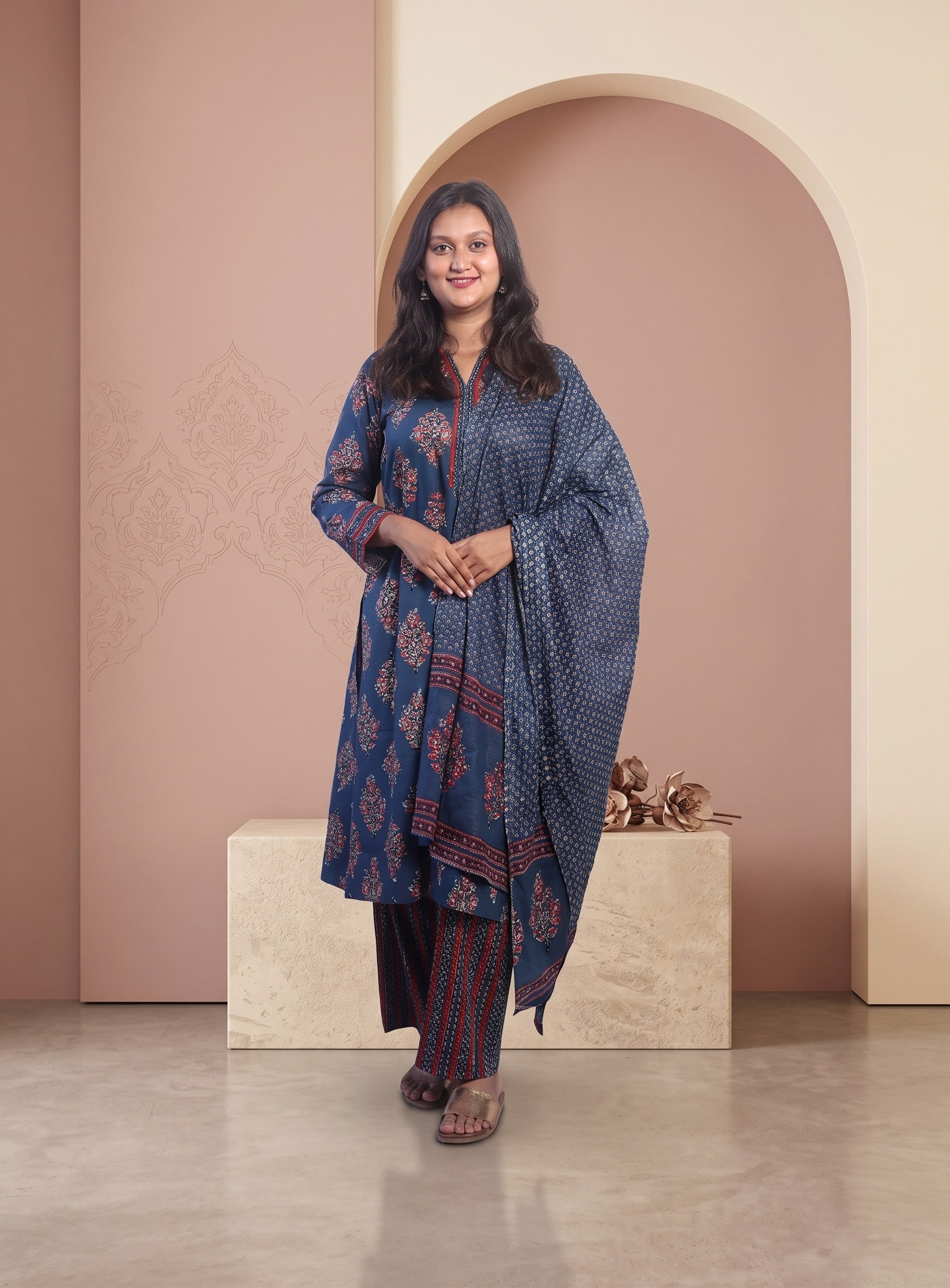 Indigo cotton printed straight full set with dupatta