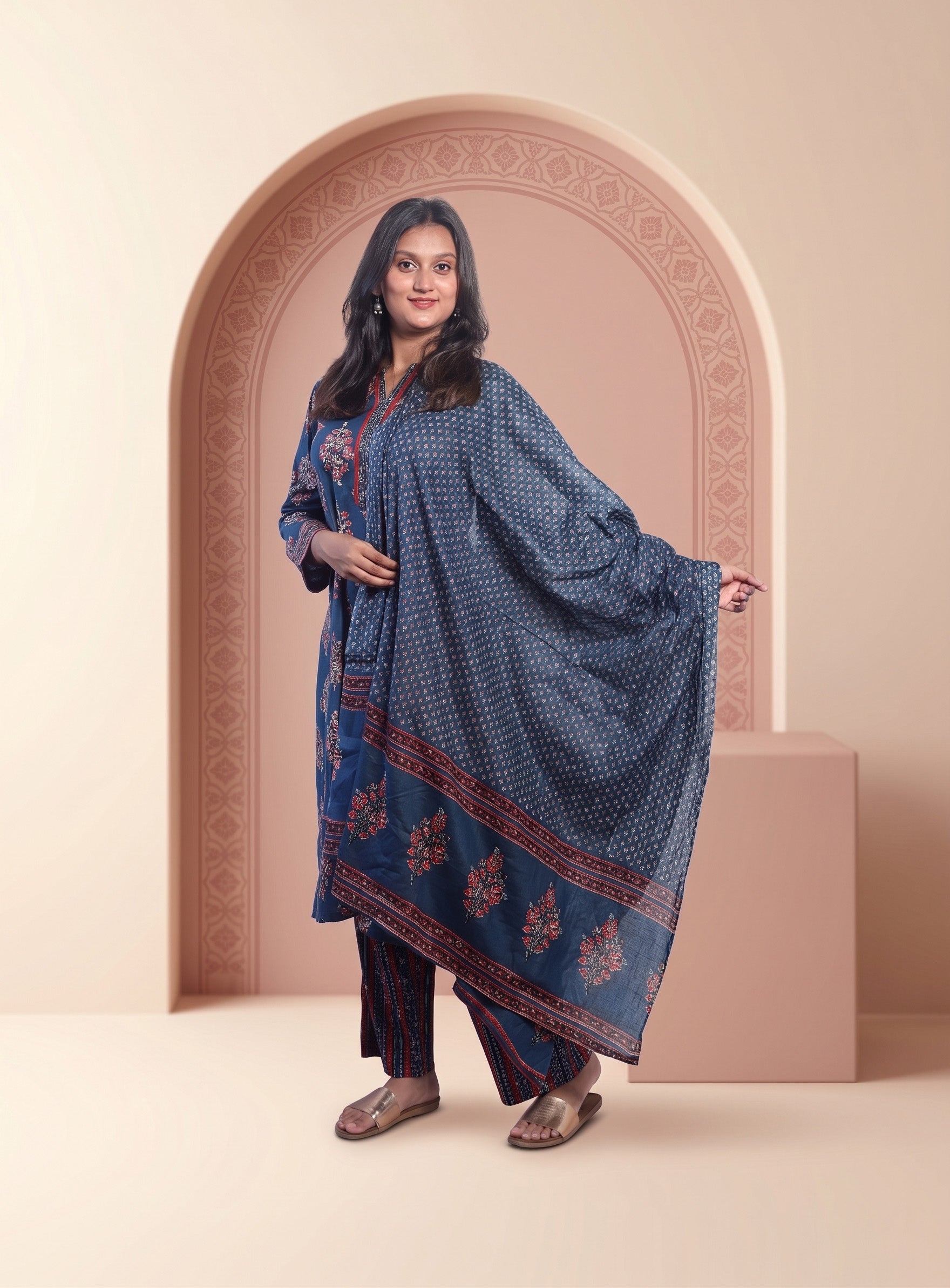 Indigo cotton printed straight full set with dupatta