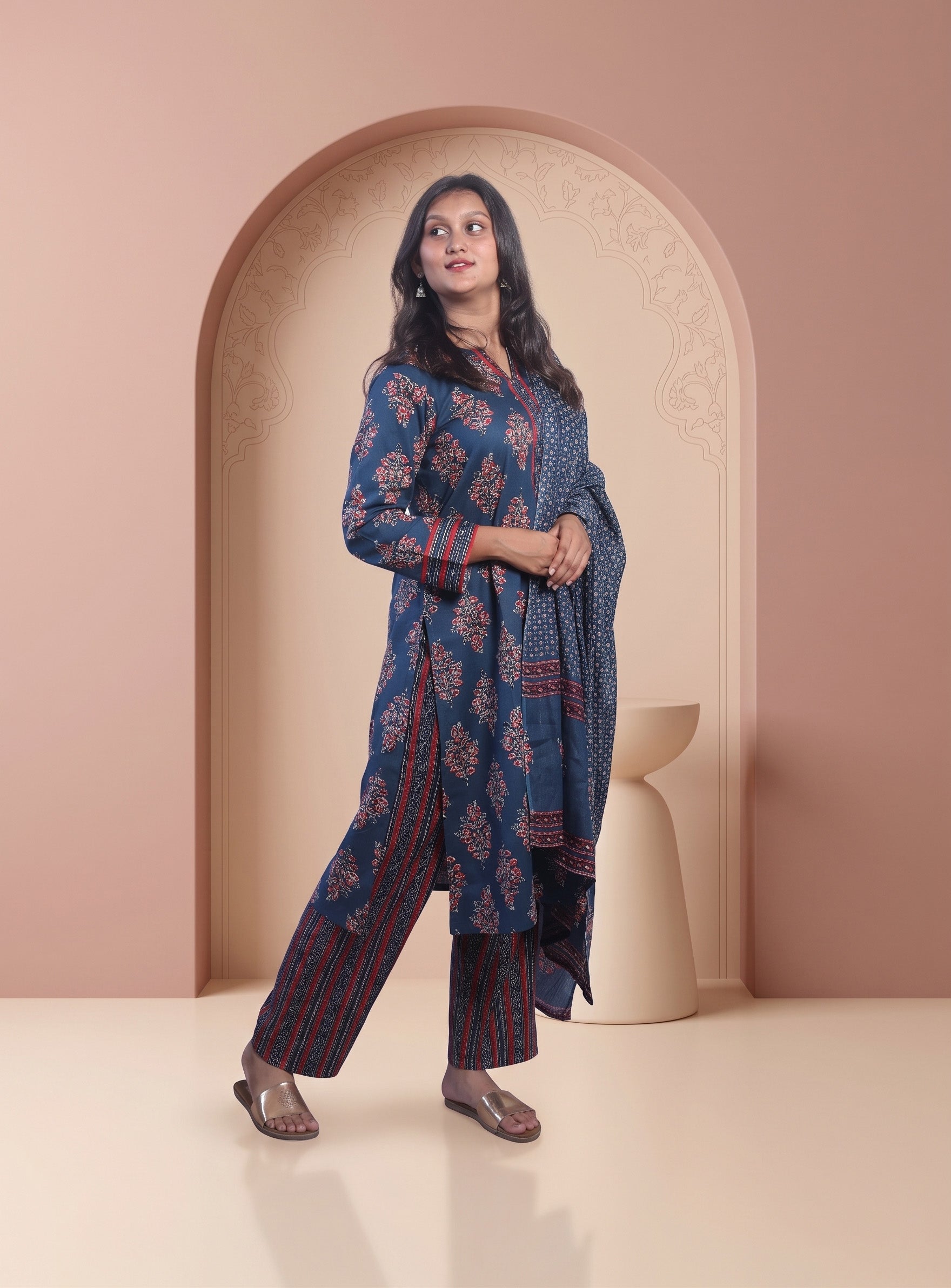 Indigo cotton printed straight full set with dupatta