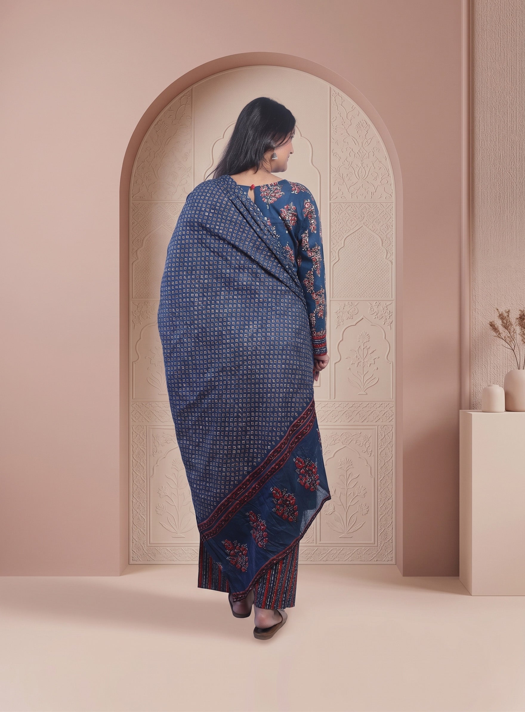 Indigo cotton printed straight full set with dupatta