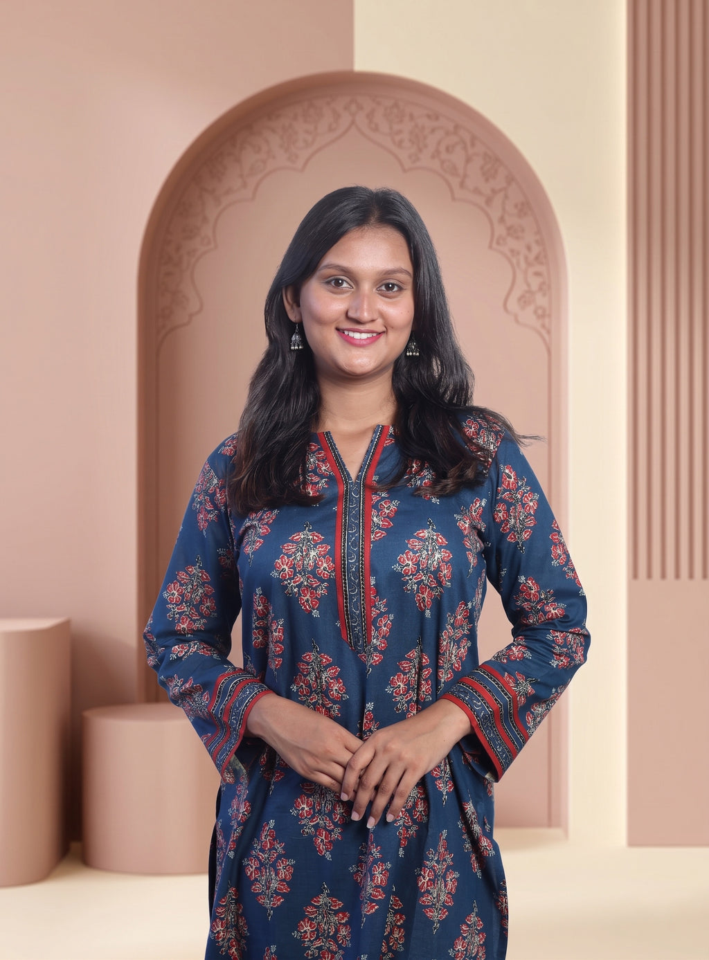Indigo cotton printed straight full set with dupatta