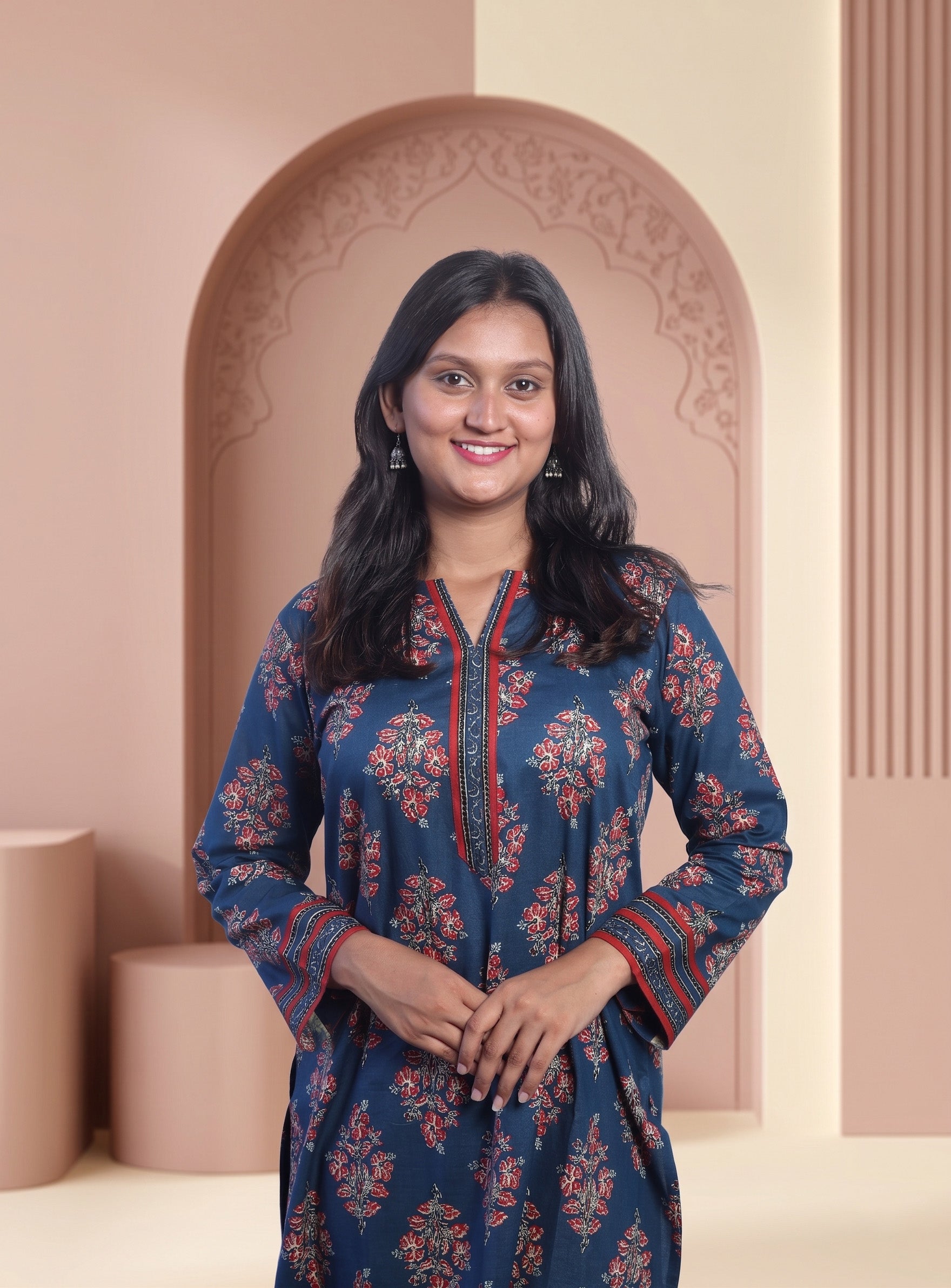 Indigo cotton printed straight full set with dupatta