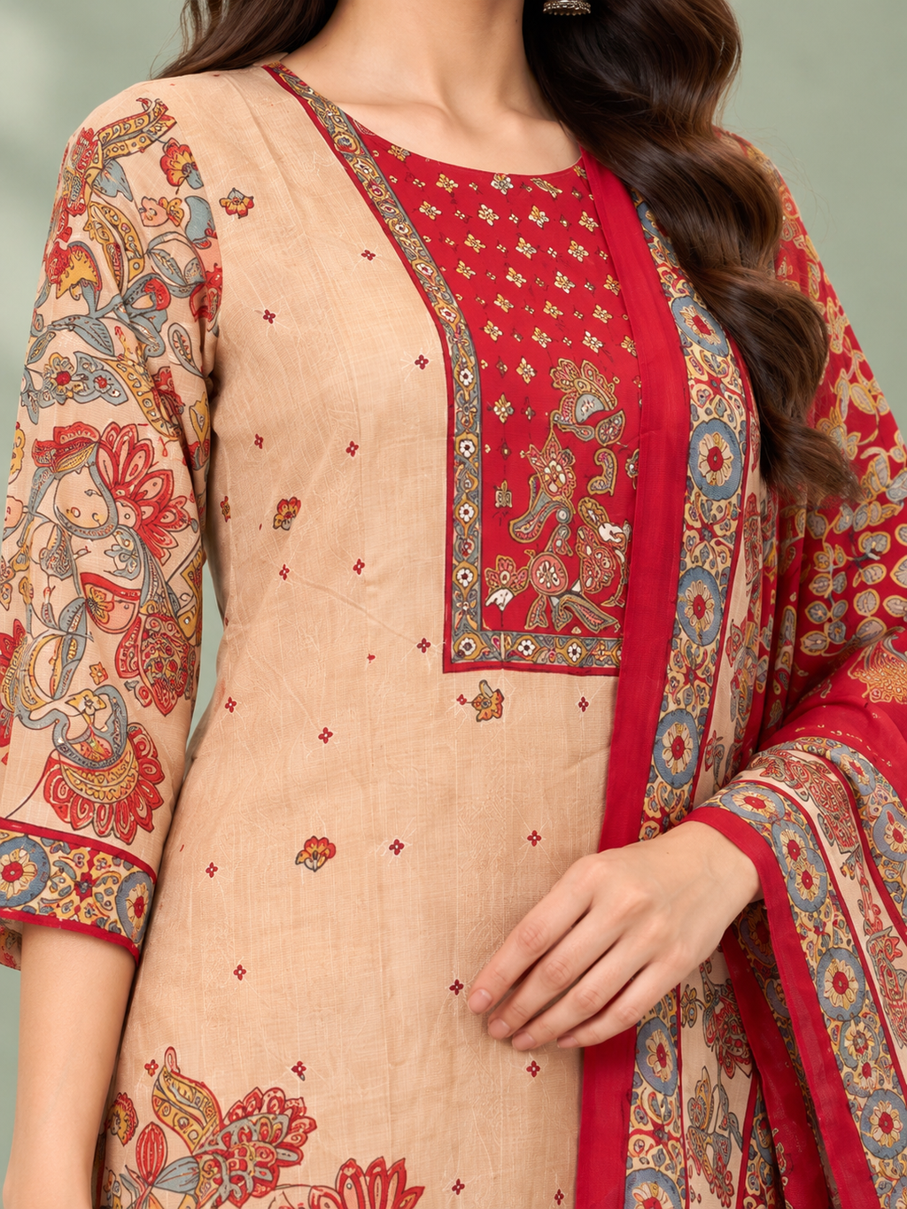 Blush Kalamkari Beige Pink Modal Kalamkari Print Suit Set with Dupatta