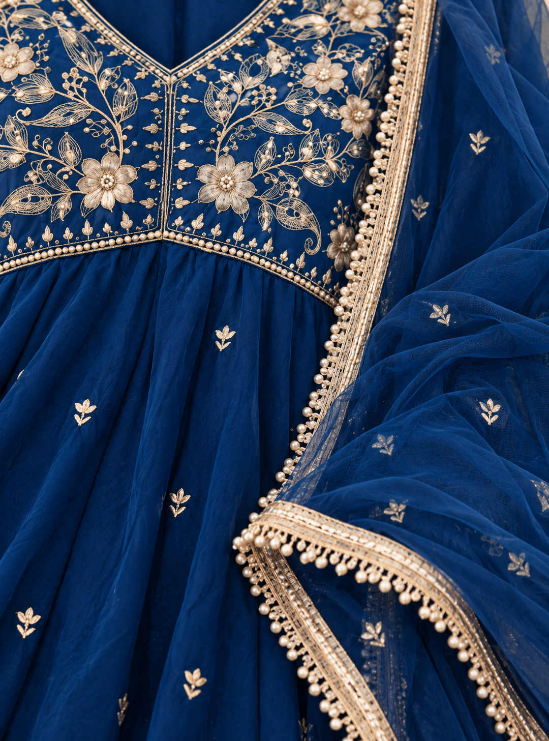 Midnight Petal Navy Blue Silk Blend Short Kurta Garara Style Suit Set