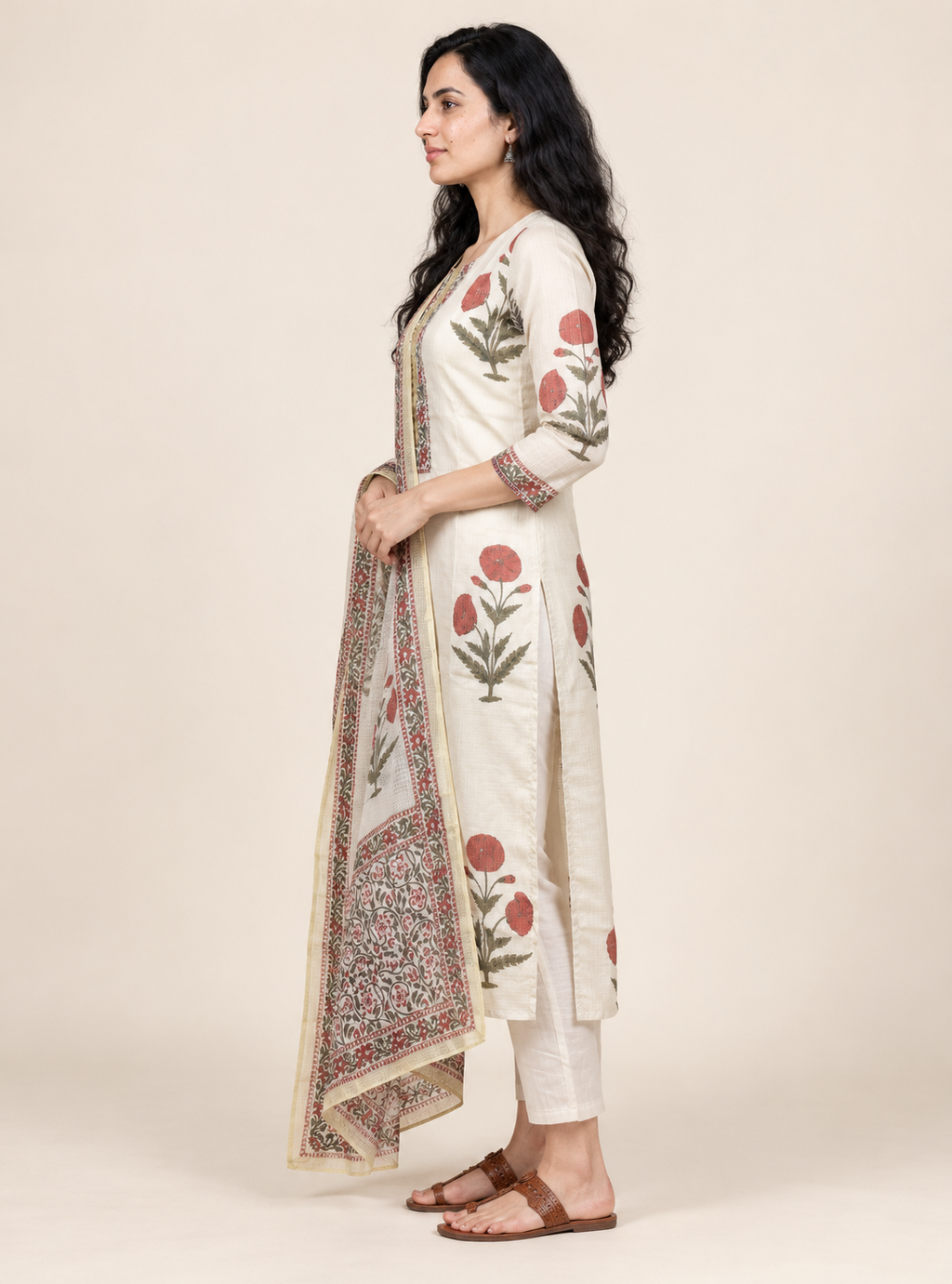 Ivory Loom Off White Chanderi Kota Doriya Hand Block Suit Set