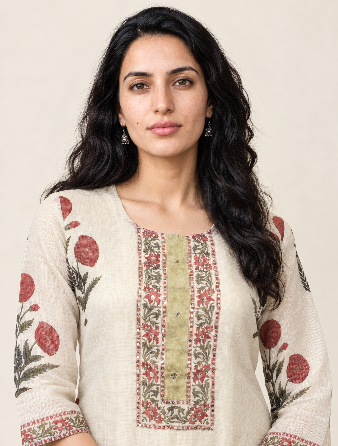 Ivory Loom Off White Chanderi Kota Doriya Hand Block Suit Set