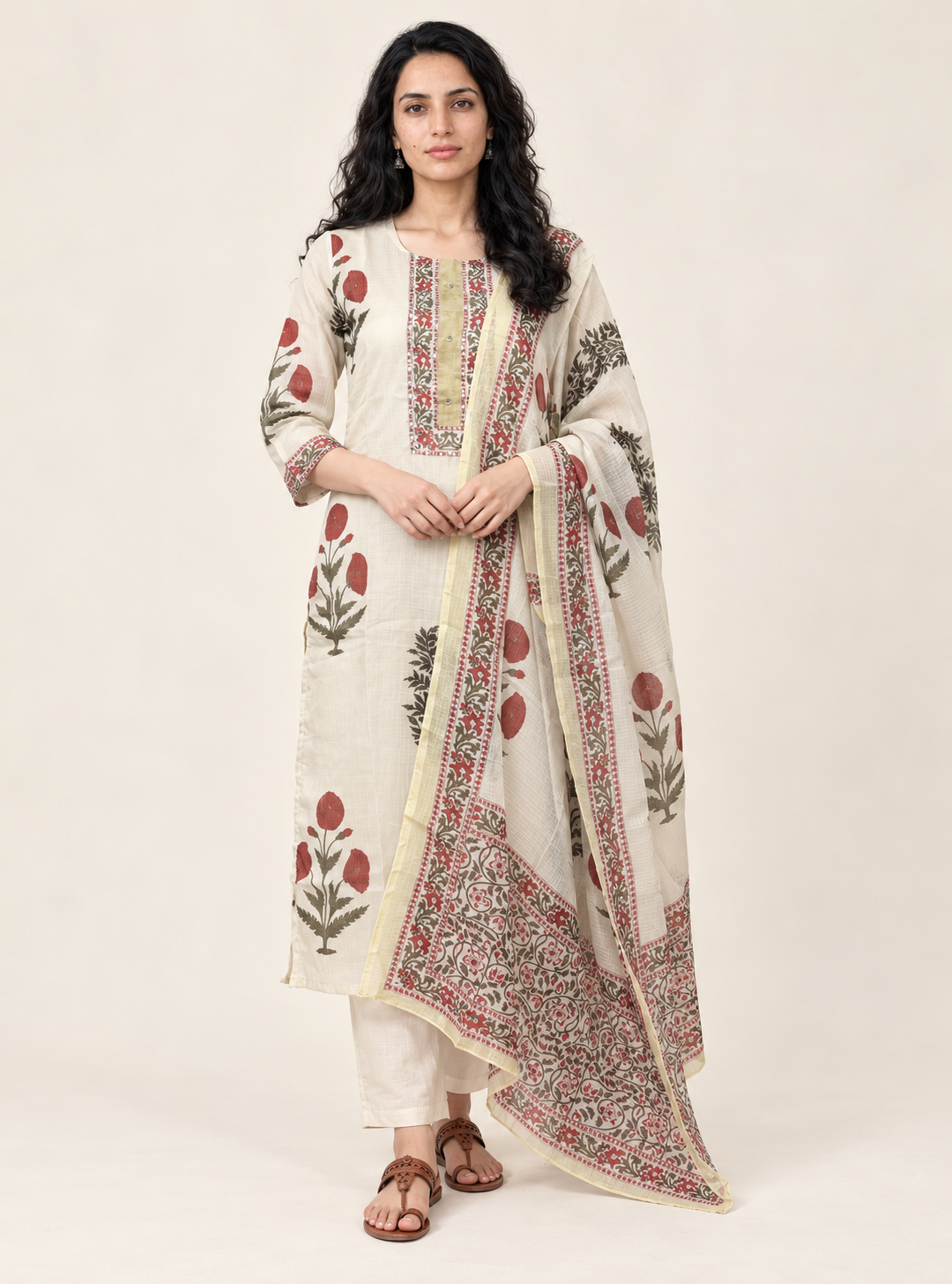 Ivory Loom Off White Chanderi Kota Doriya Hand Block Suit Set