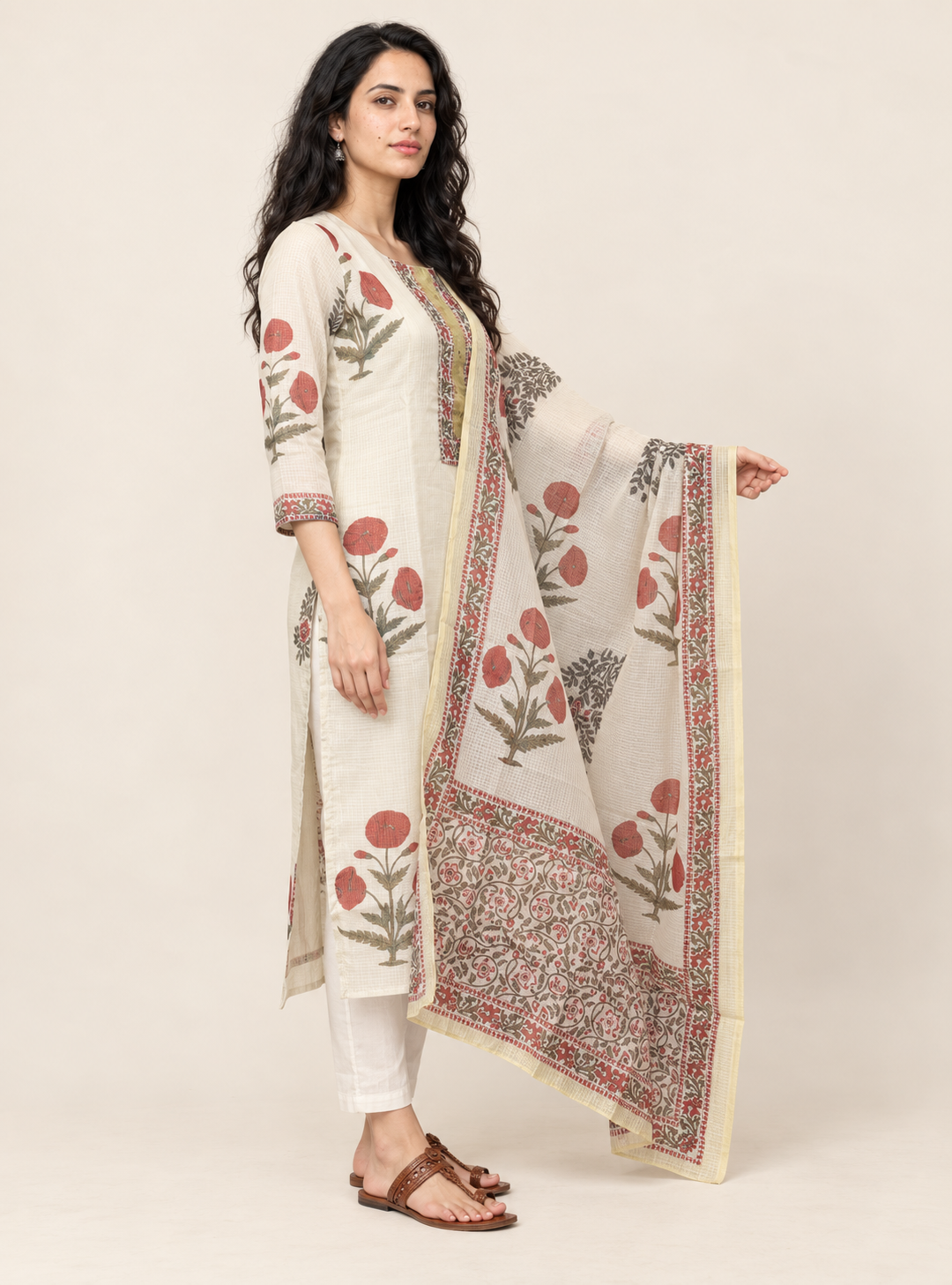 Ivory Loom Off White Chanderi Kota Doriya Hand Block Suit Set