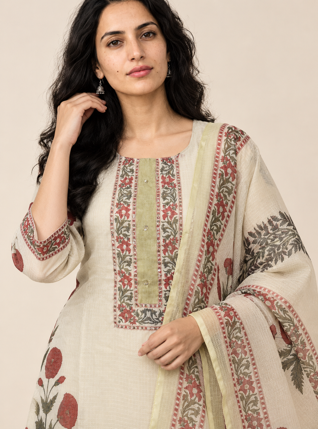 Ivory Loom Off White Chanderi Kota Doriya Hand Block Suit Set