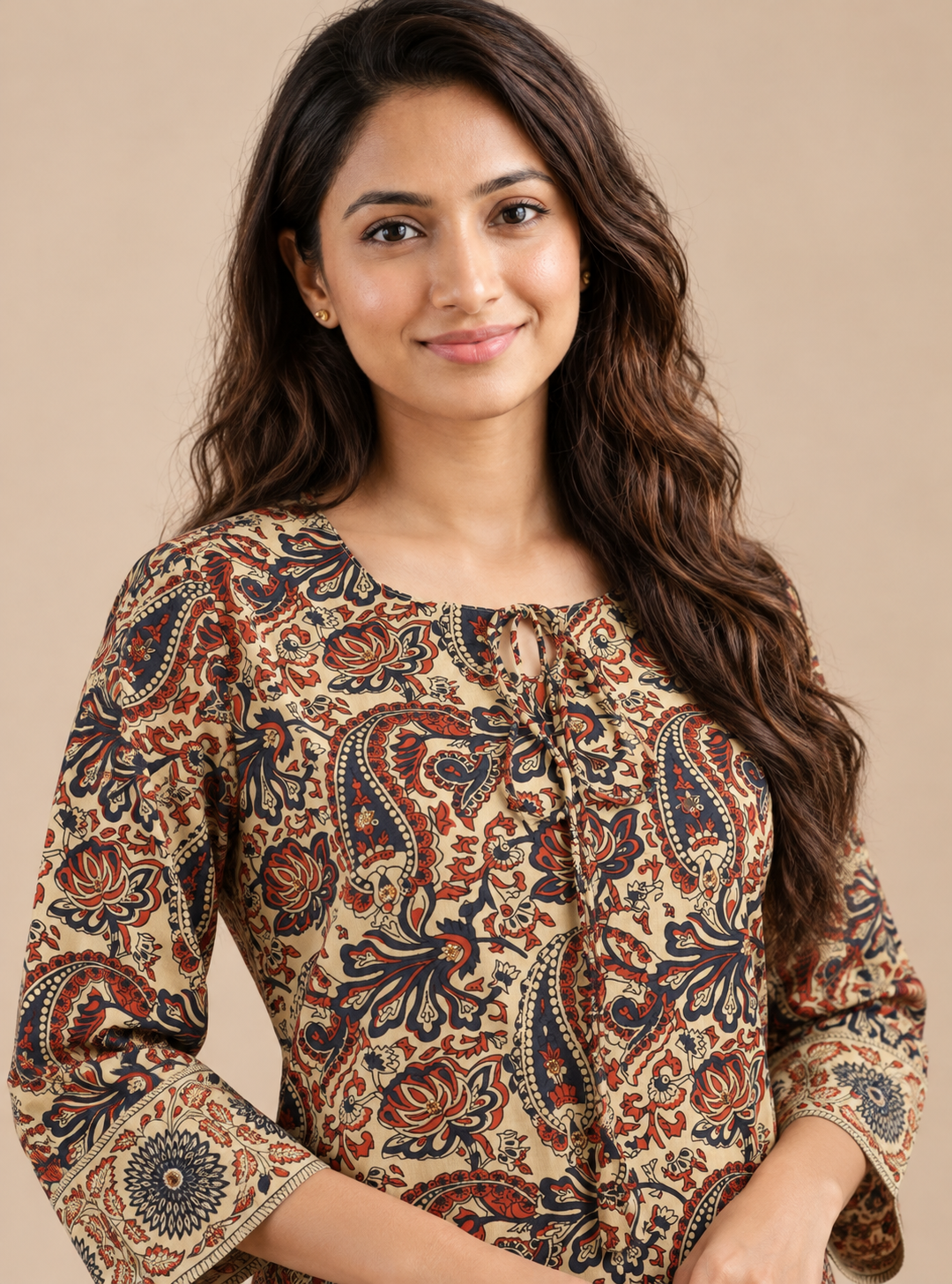 Kalamkari Terra Beige & Rust Hand Block Cotton A-Line Suit Set