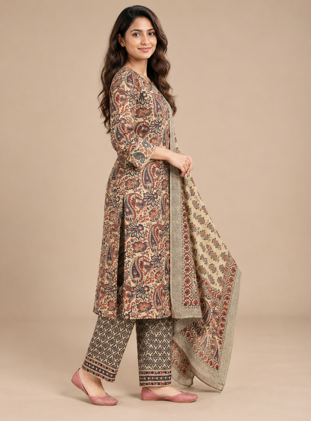 Kalamkari Terra Beige & Rust Hand Block Cotton A-Line Suit Set