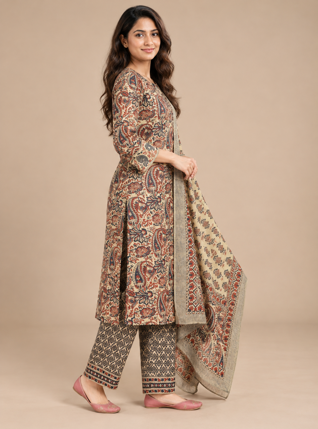 Kalamkari Terra Beige & Rust Hand Block Cotton A-Line Suit Set