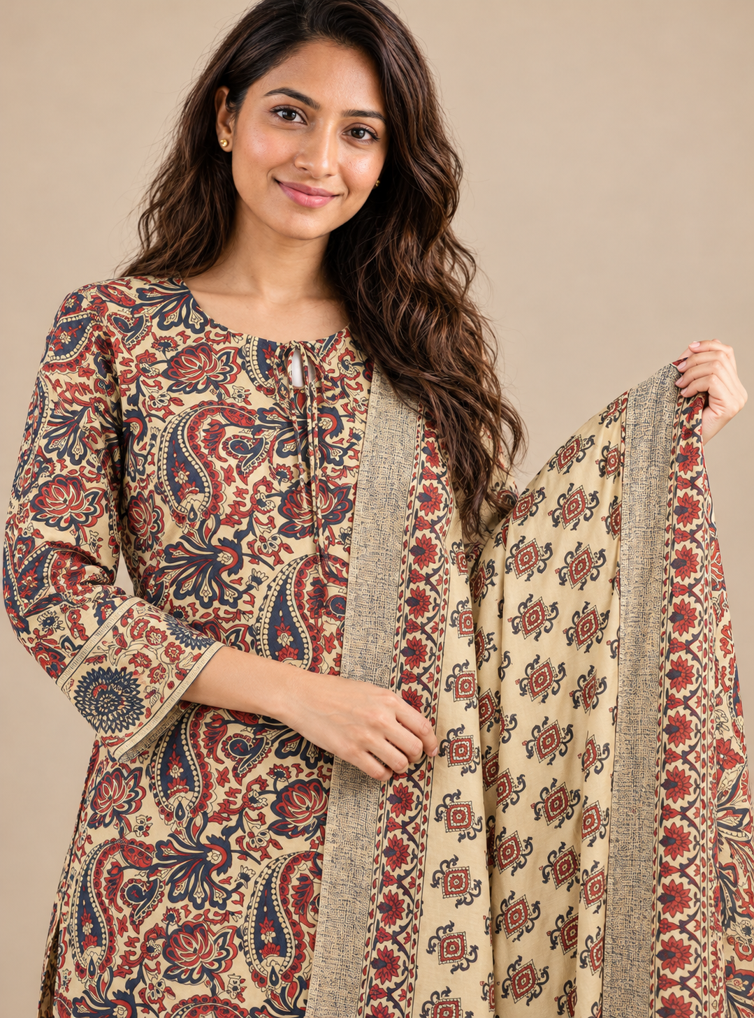 Kalamkari Terra Beige & Rust Hand Block Cotton A-Line Suit Set