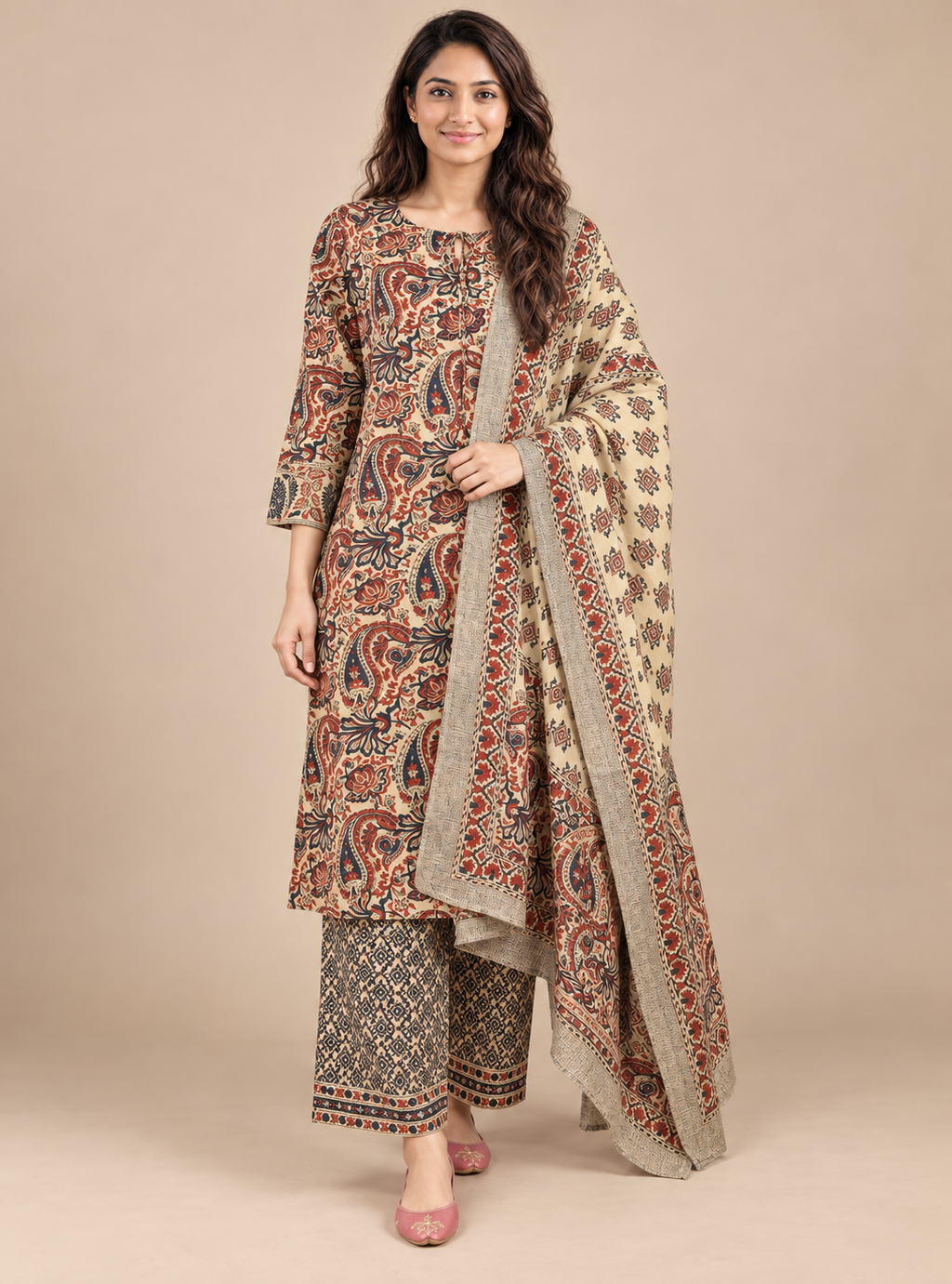 Kalamkari Terra Beige & Rust Hand Block Cotton A-Line Suit Set