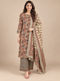 Kalamkari Terra Beige & Rust Hand Block Cotton A-Line Suit Set