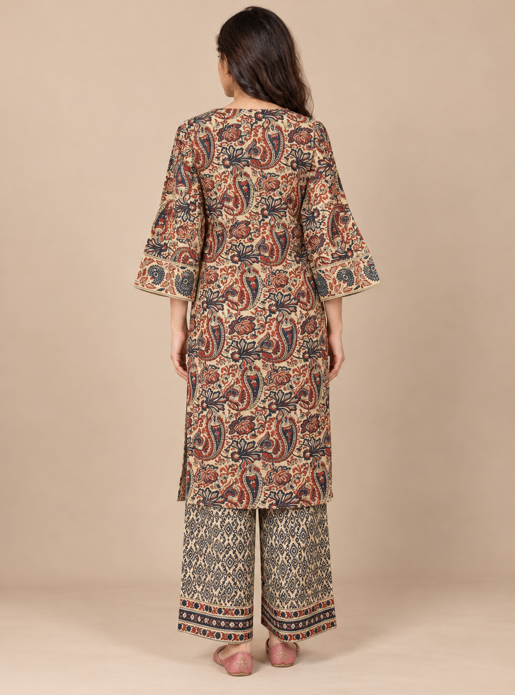 Kalamkari Terra Beige & Rust Hand Block Cotton A-Line Suit Set