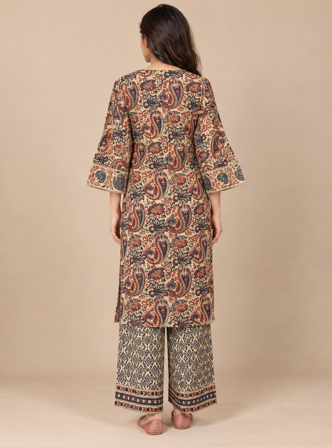 Kalamkari Terra Beige & Rust Hand Block Cotton A-Line Suit Set