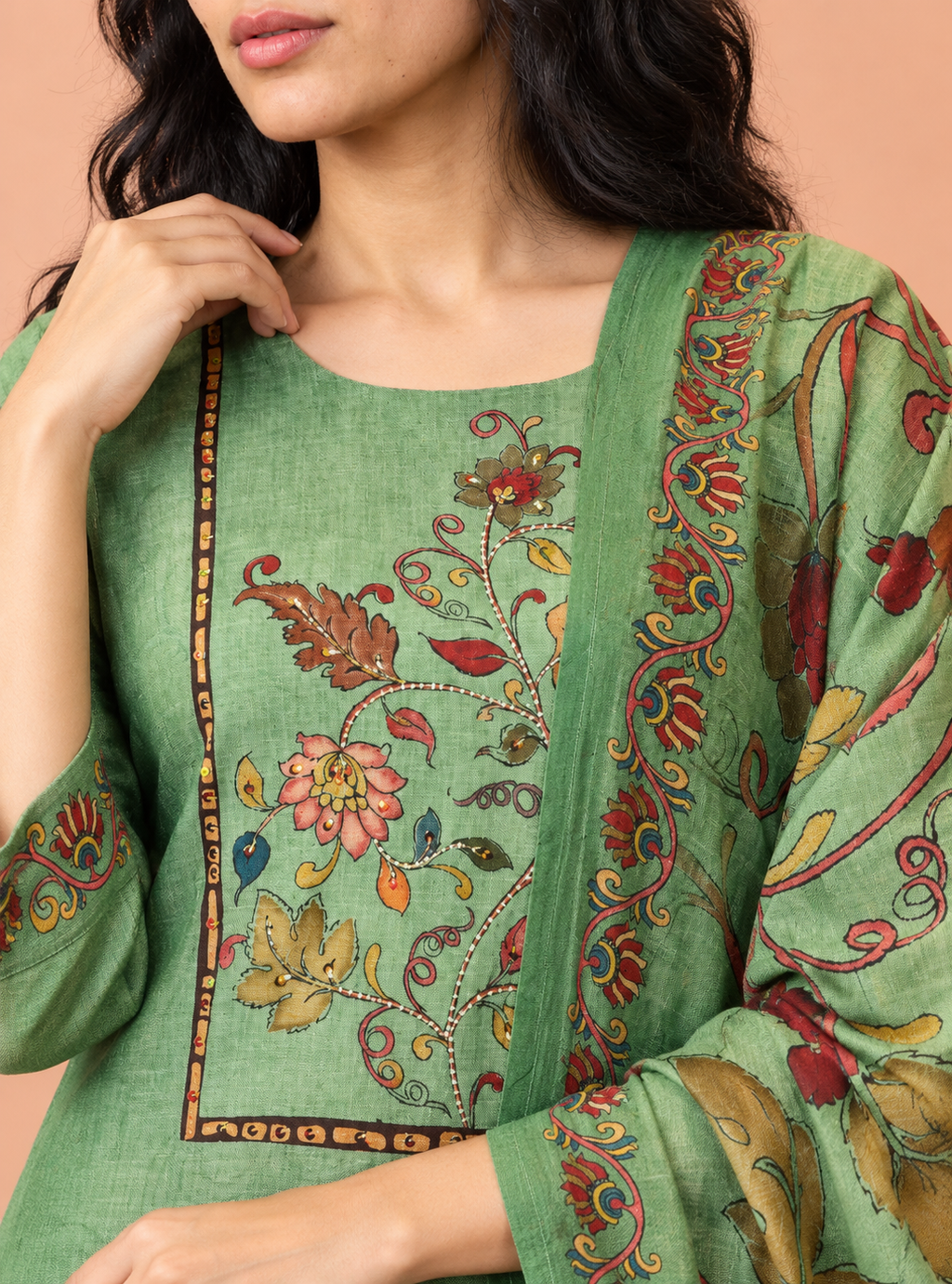 Kalamkari Willow Pista Soft Modal Kalamkari Print Handwork Suit Set with Dupatta