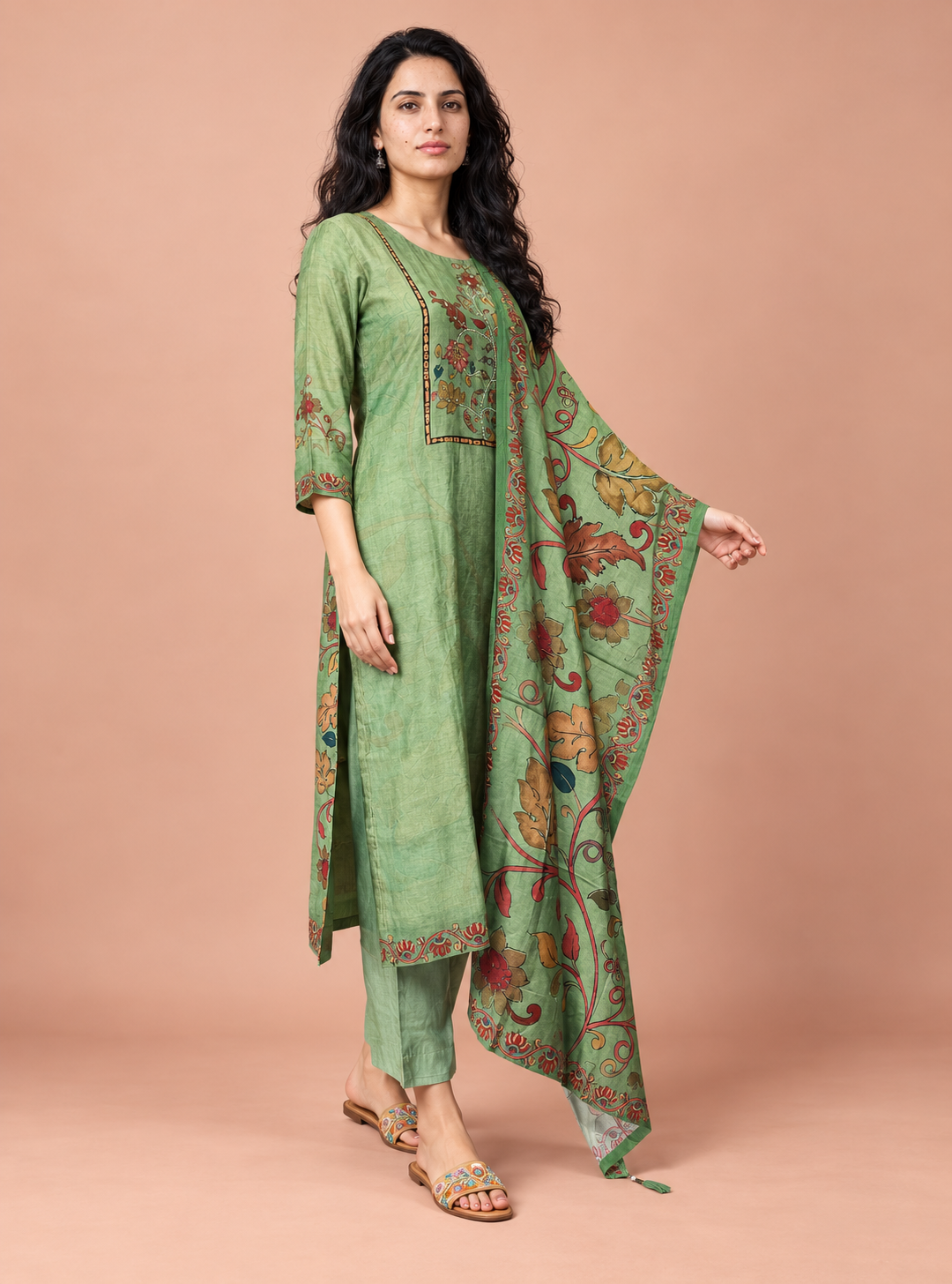 Kalamkari Willow Pista Soft Modal Kalamkari Print Handwork Suit Set with Dupatta