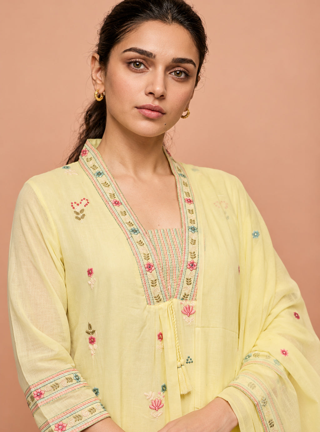 Lemon Blossom Lemon Yellow Pure Mul Cotton A-Line Embroidered Suit Set