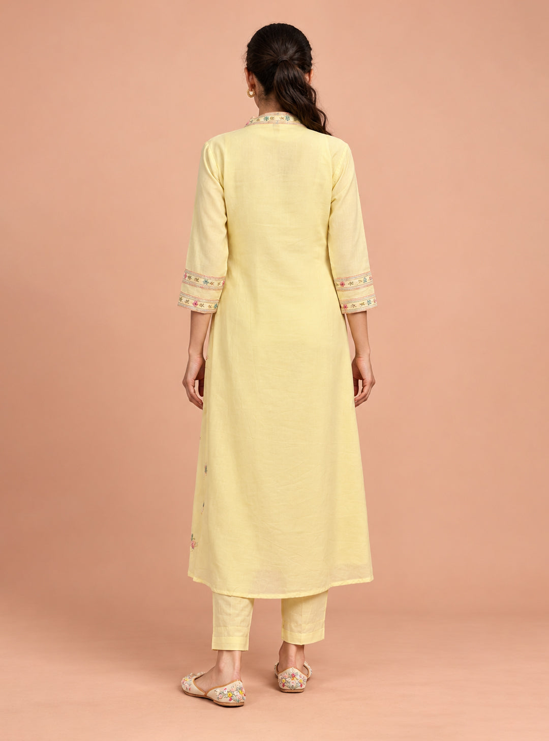 Lemon Blossom Lemon Yellow Pure Mul Cotton A-Line Embroidered Suit Set
