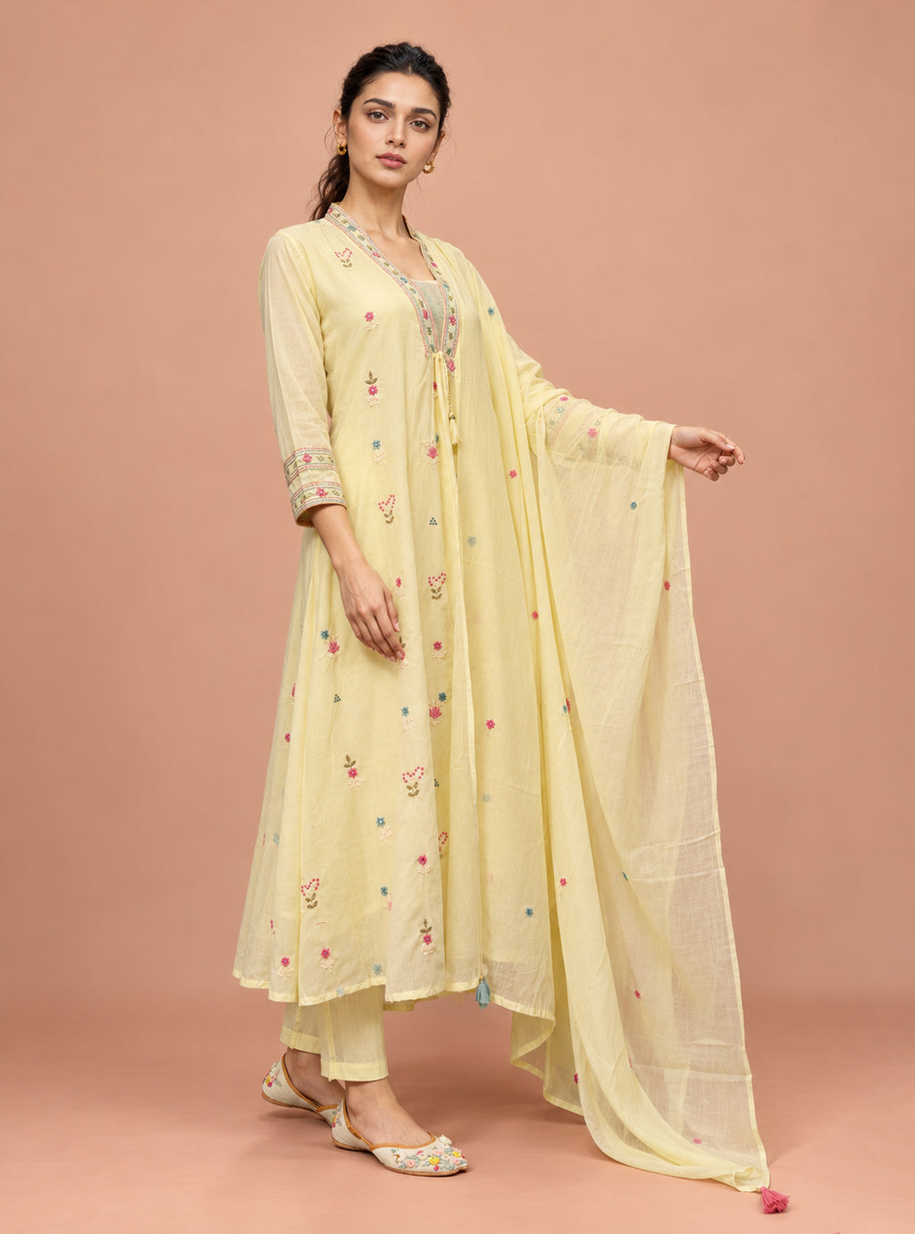 Lemon Blossom Lemon Yellow Pure Mul Cotton A-Line Embroidered Suit Set