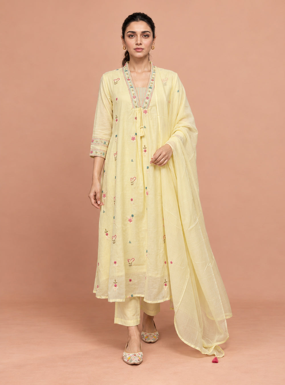 Lemon Blossom Lemon Yellow Pure Mul Cotton A-Line Embroidered Suit Set