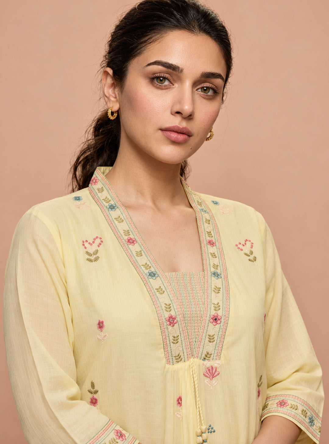 Lemon Blossom Lemon Yellow Pure Mul Cotton A-Line Embroidered Suit Set