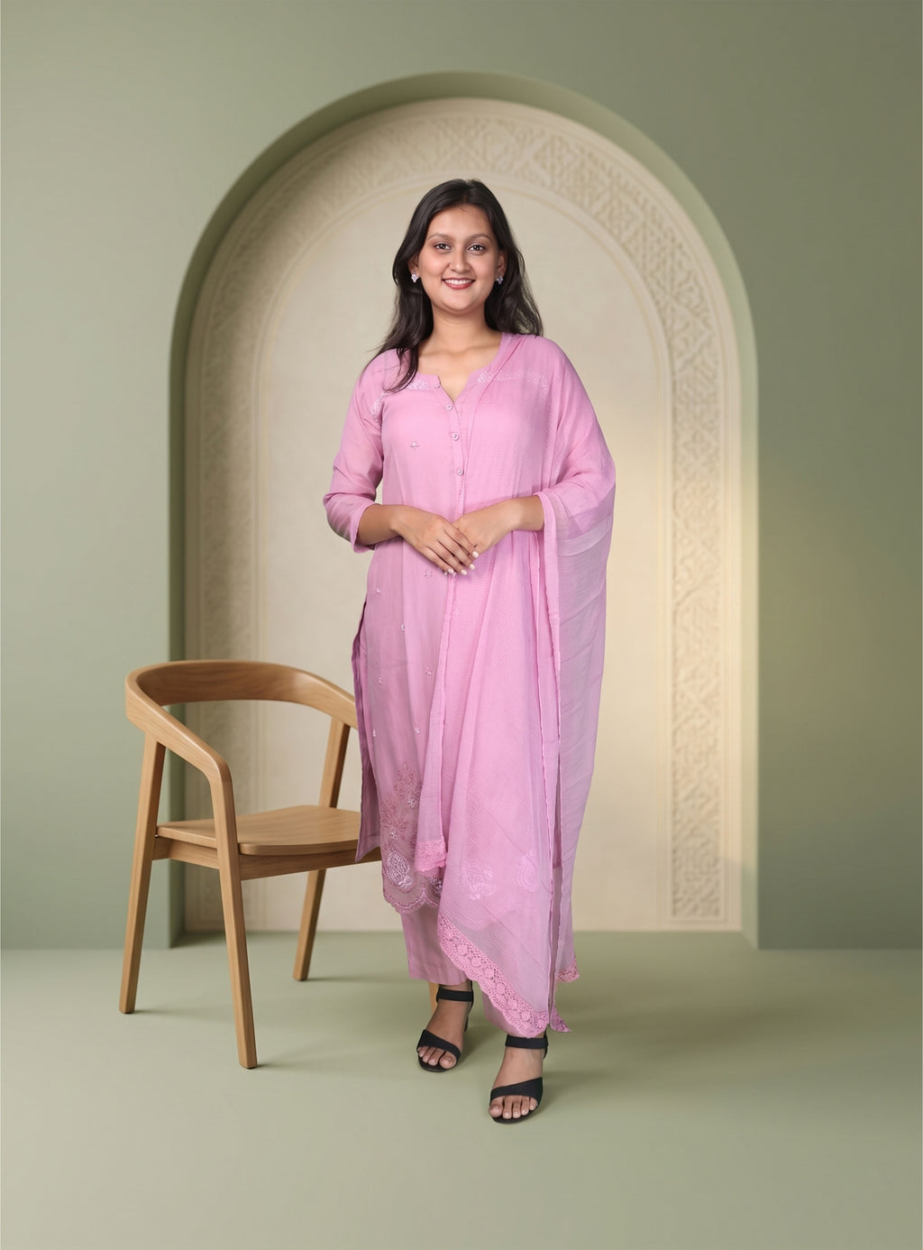 Lilac cotton silk straight suit set with dupatta