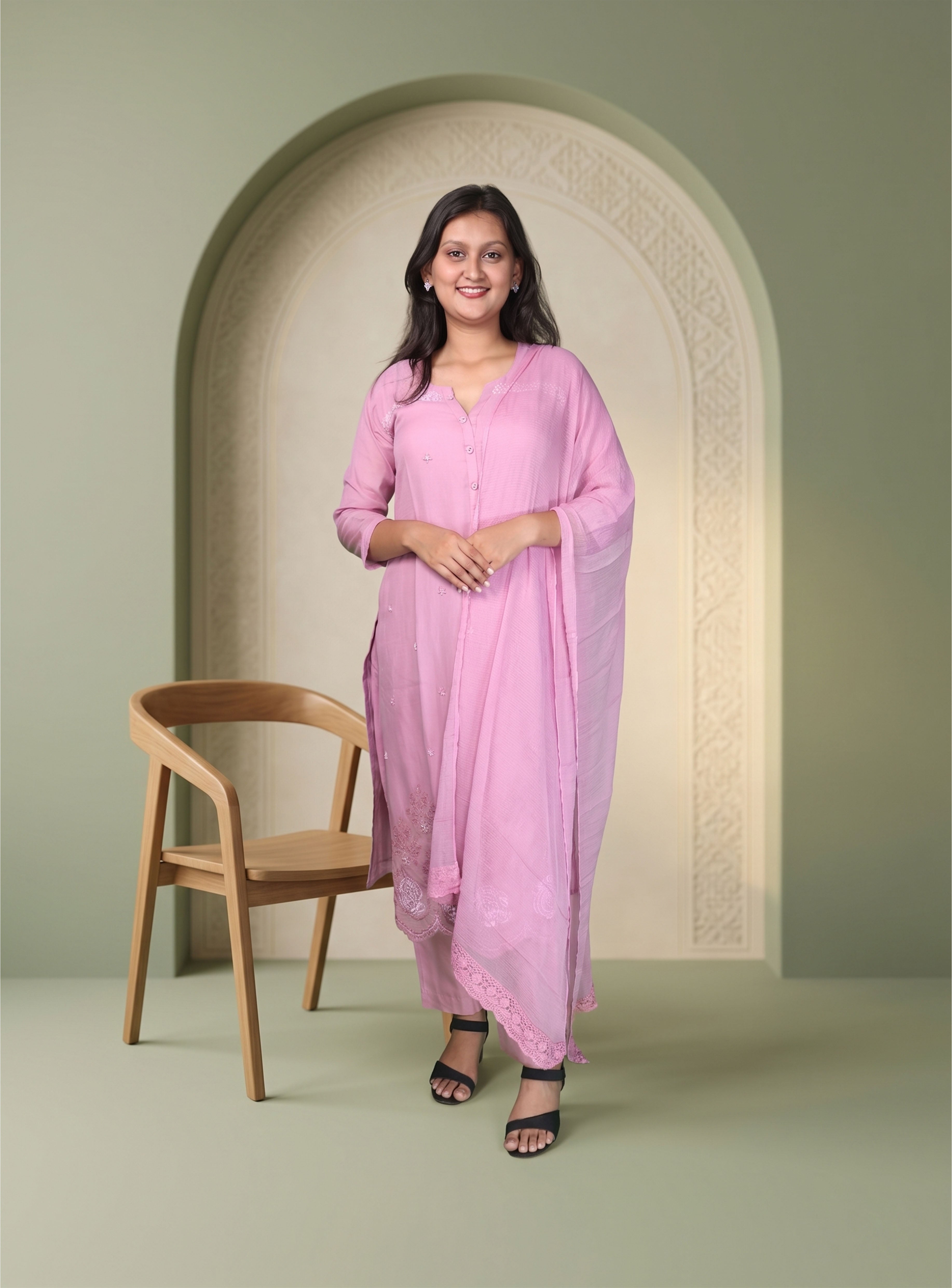 Lilac cotton silk straight suit set with dupatta