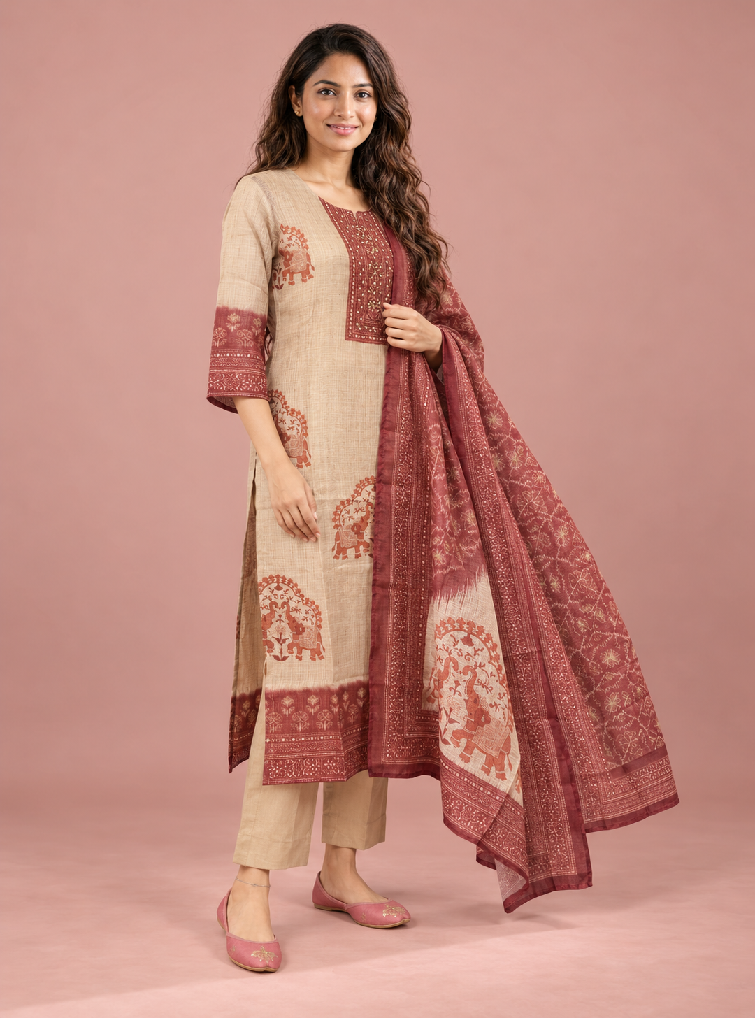 Loomstone Blue Kota Doriya Chanderi Block Print Suit Set with Dupatta
