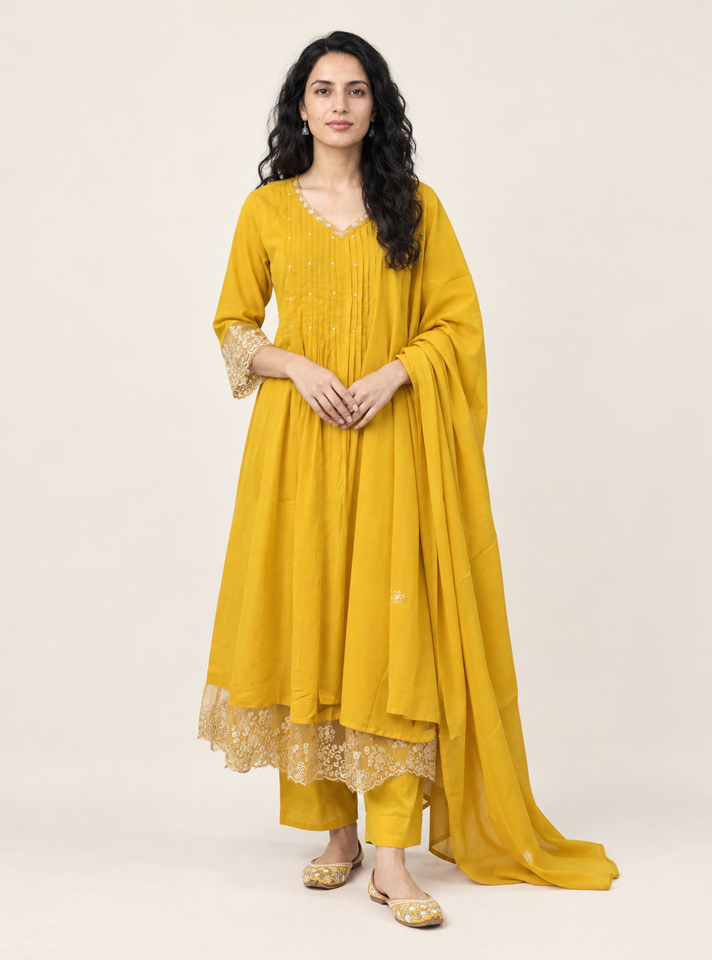 Marigold Lacework Yellow Pure Mul Cotton Anarkali Suit Set with Dupatta