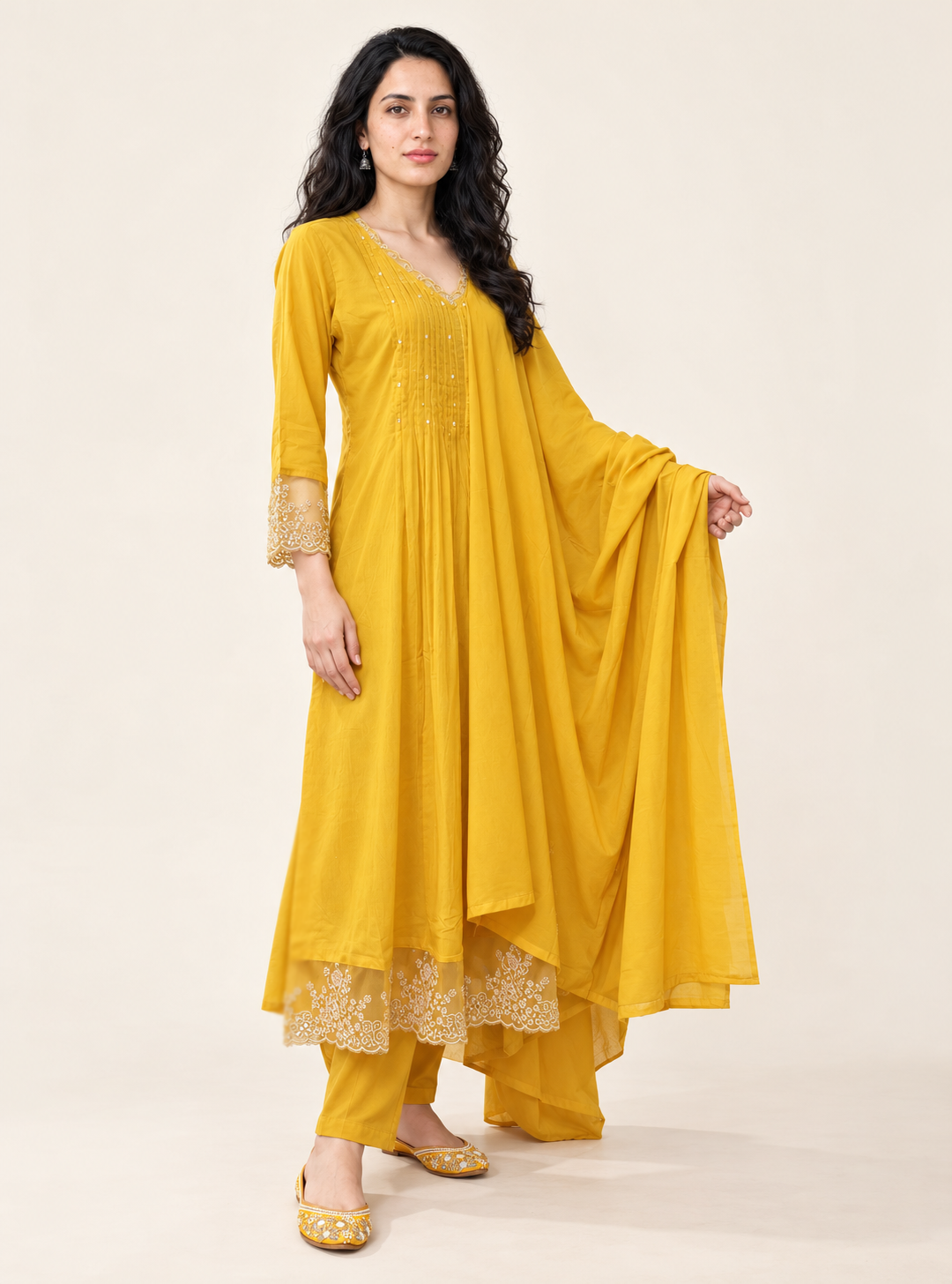 Marigold Lacework Yellow Pure Mul Cotton Anarkali Suit Set with Dupatta