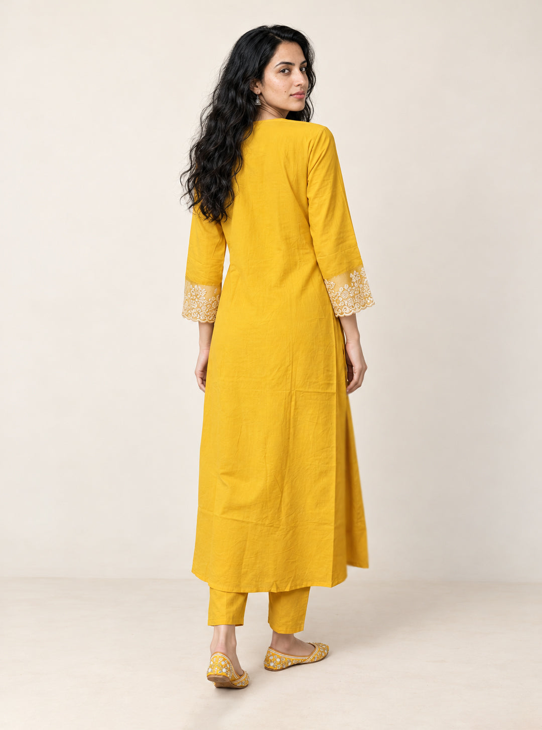 Marigold Lacework Yellow Pure Mul Cotton Anarkali Suit Set with Dupatta