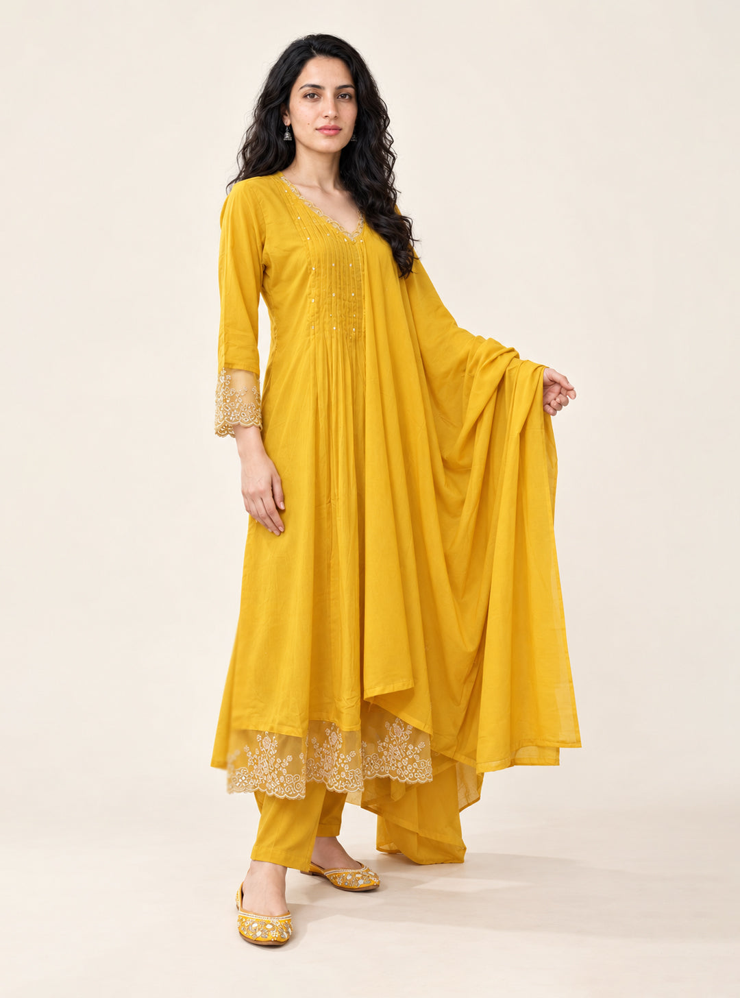 Marigold Lacework Yellow Pure Mul Cotton Anarkali Suit Set with Dupatta